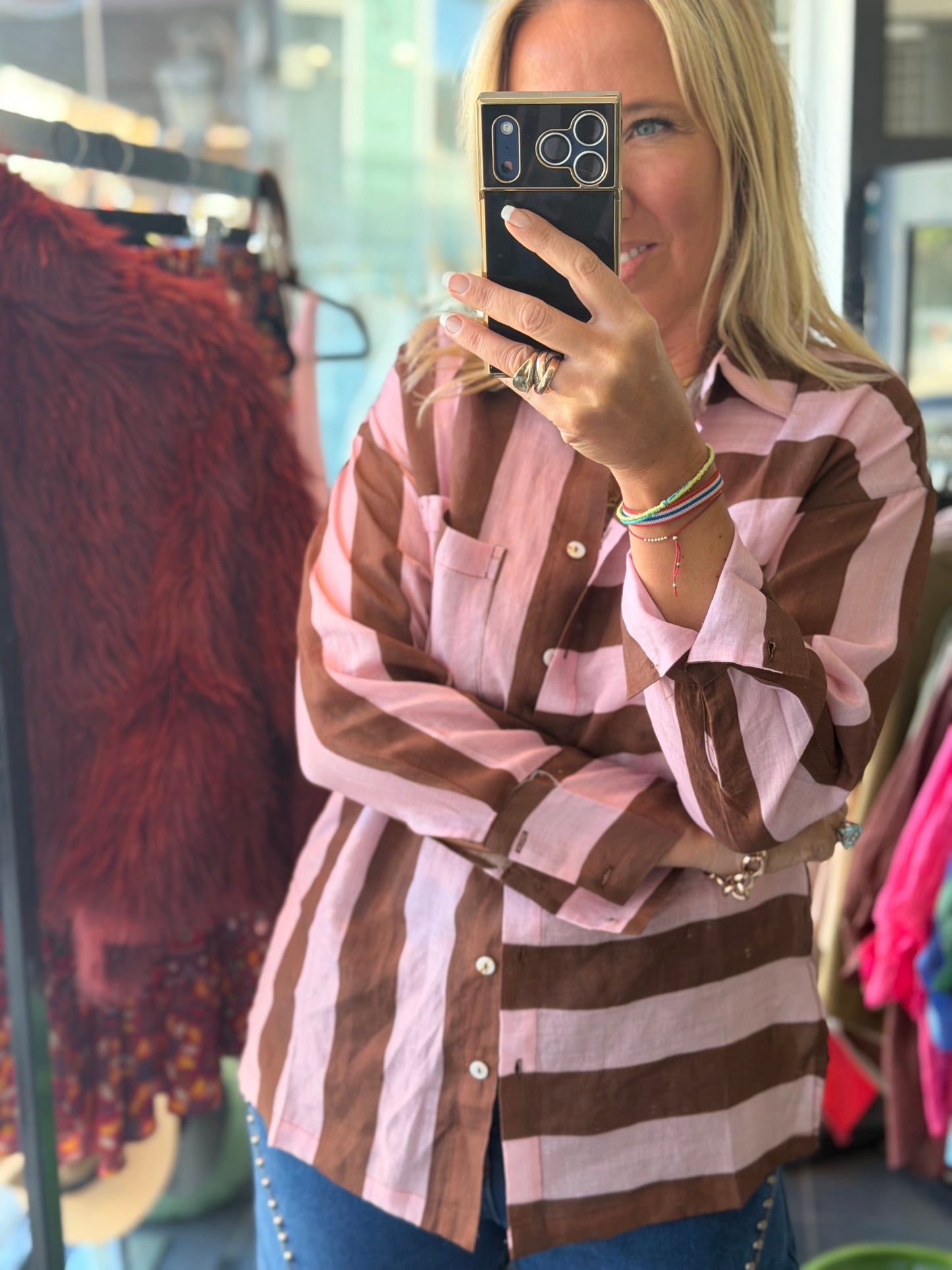 Riviera Stripe LInen Shirt - pink & tan