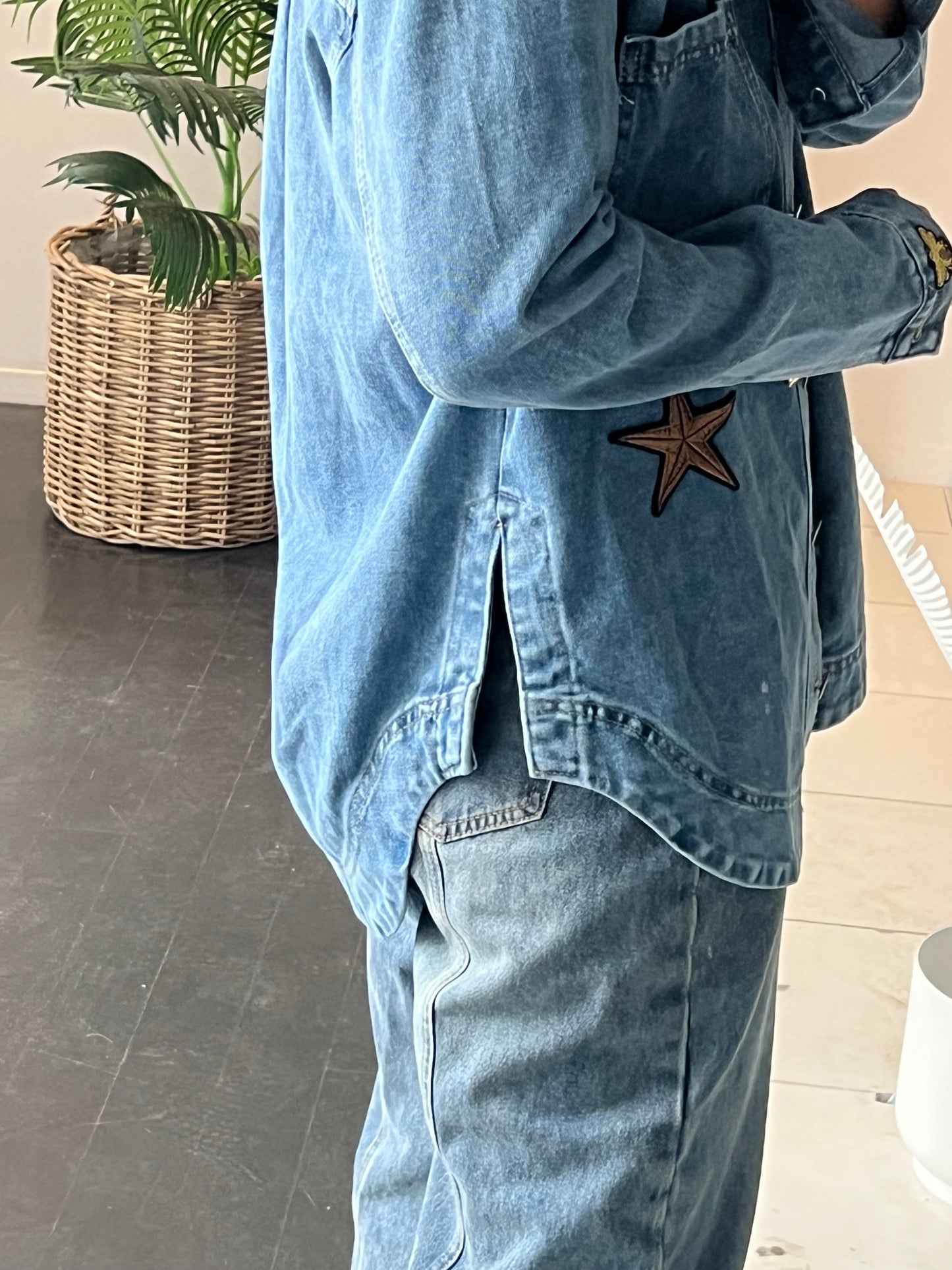 Denim French Bee Appliqué Patch Shirt Jacket