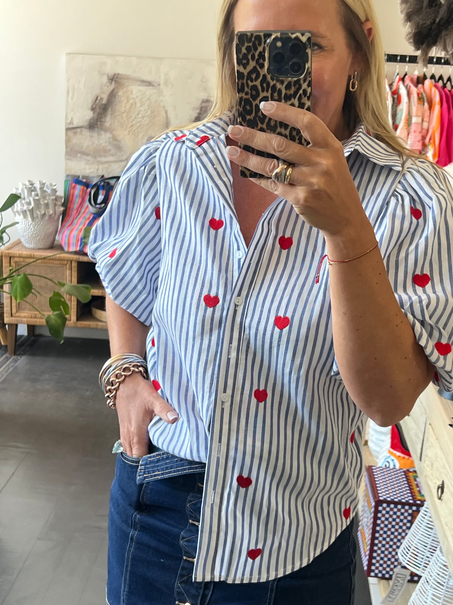 Hearts Puff Sleeve Cotton Shirt Top- pink