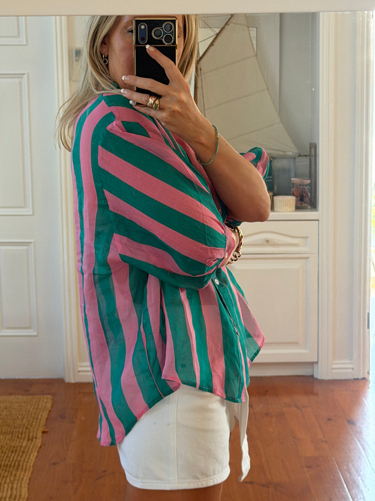 St Tropez Stripe Linen Shirt - pink & green