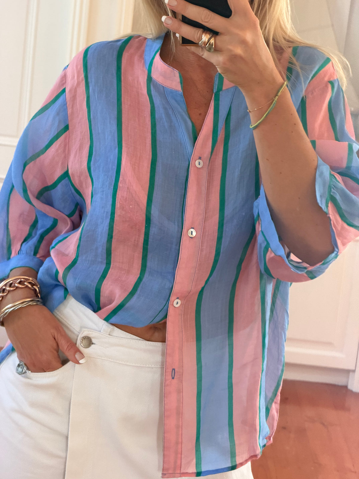 St Tropez Stripe Linen Shirt - blue & pink