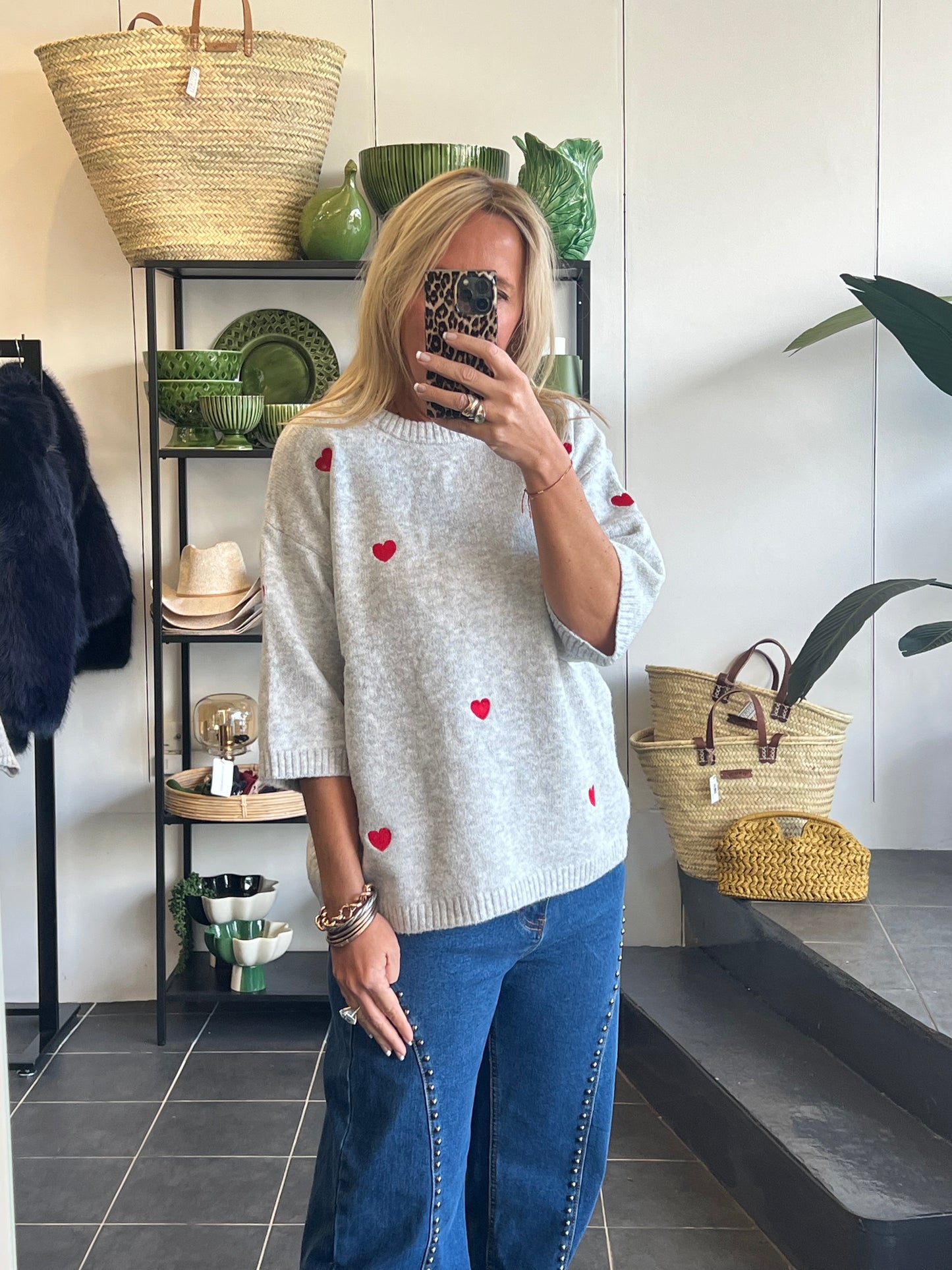Heart Knit 3/4 Sleeve Top - grey