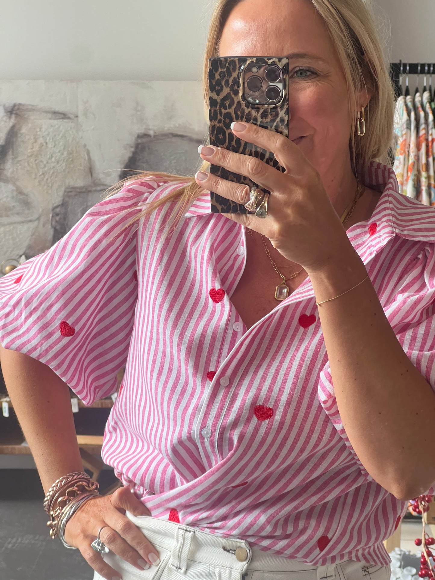 Hearts Puff Sleeve Cotton Shirt Top- pink