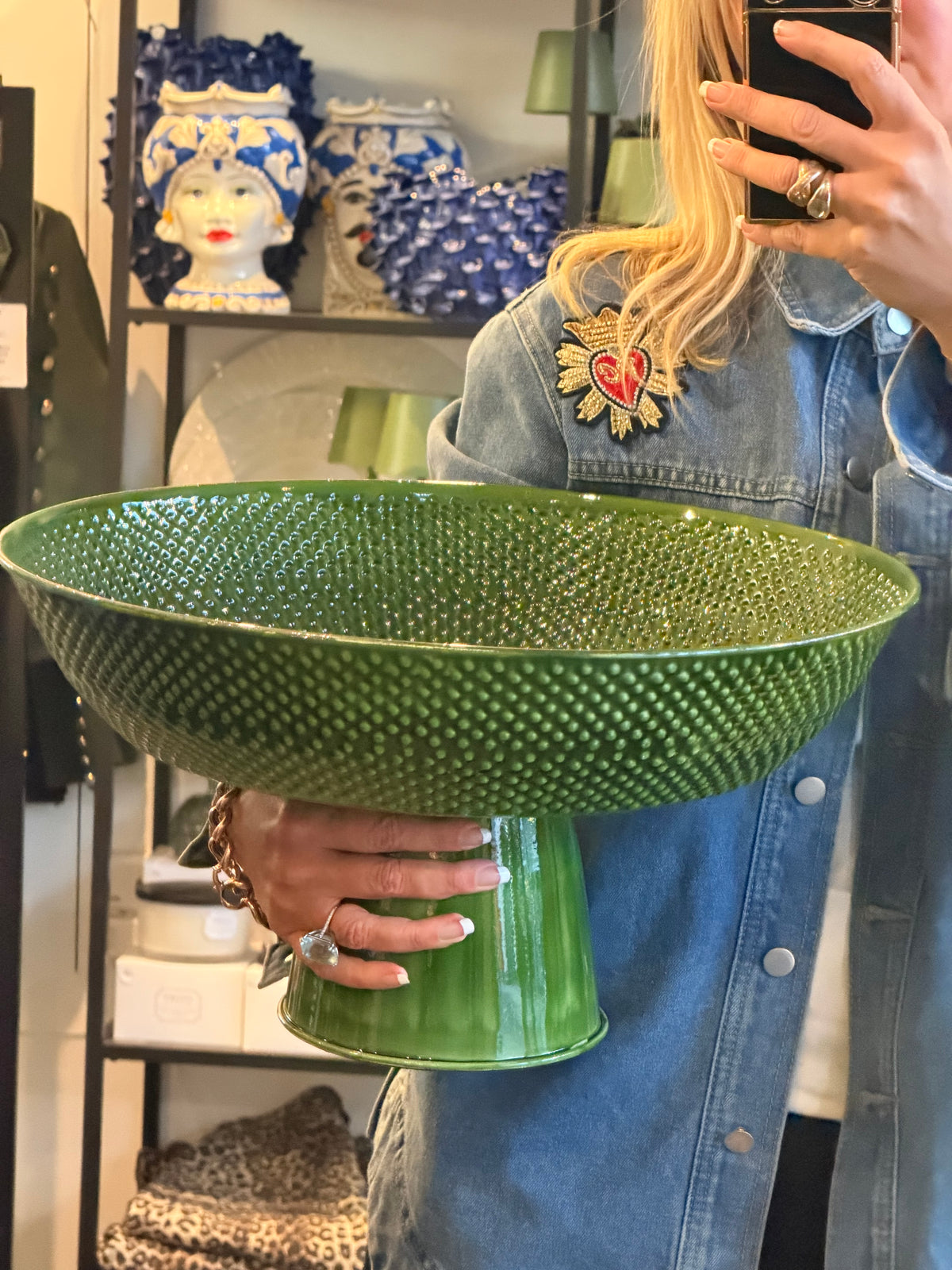 XL Footed Glazed Tin Platter- green
