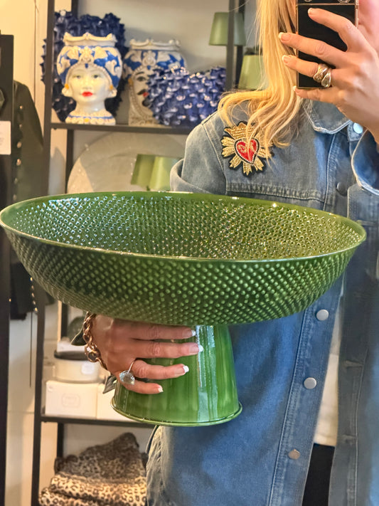XL Footed Glazed Tin Platter- green