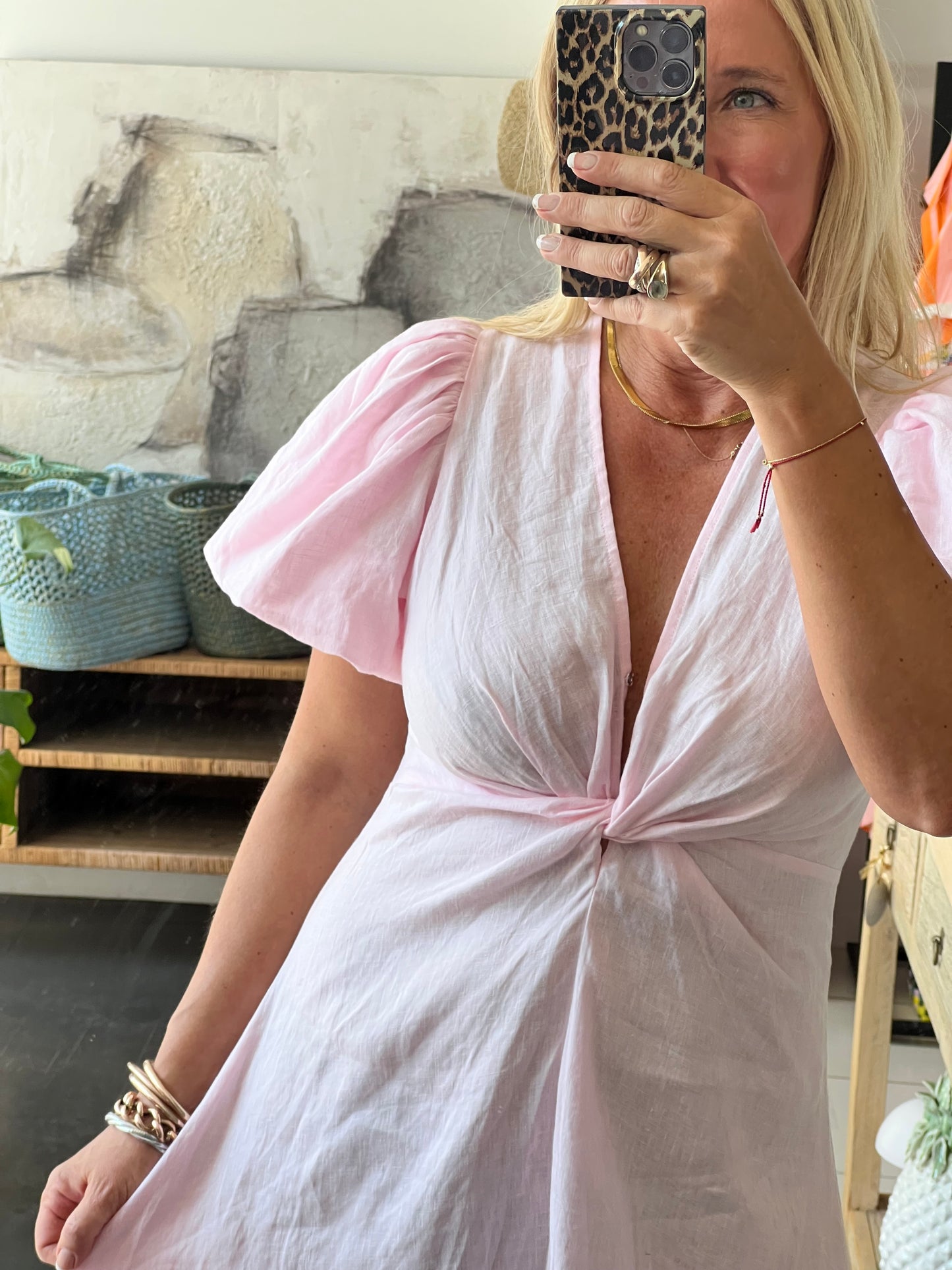 Puff Sleeve Midi Dress -pink