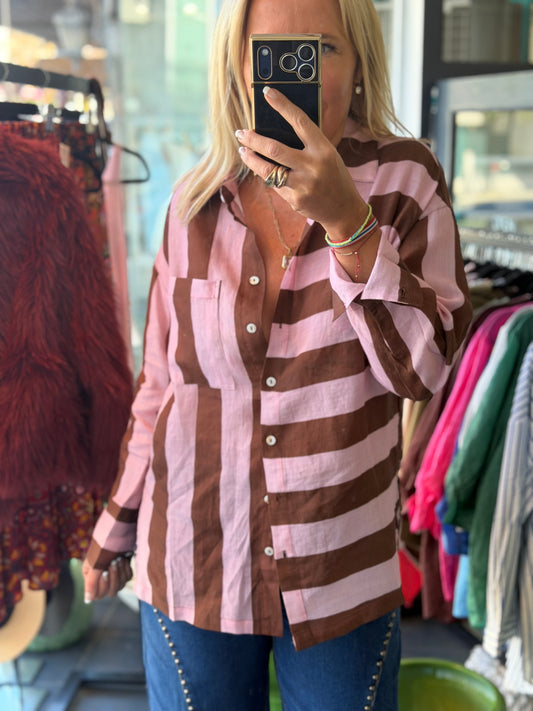 Riviera Stripe LInen Shirt - pink & tan