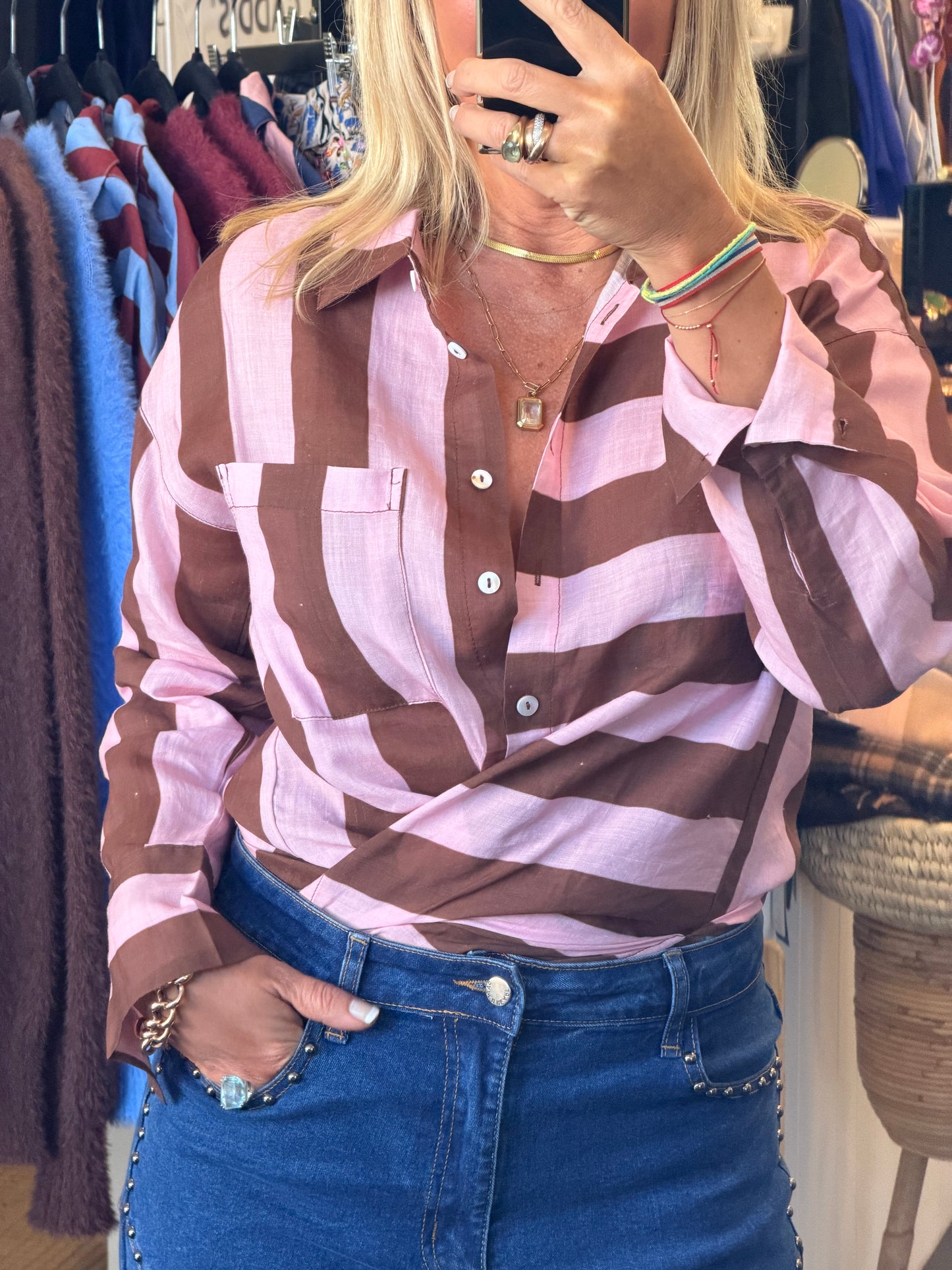 Riviera Stripe LInen Shirt - pink & tan