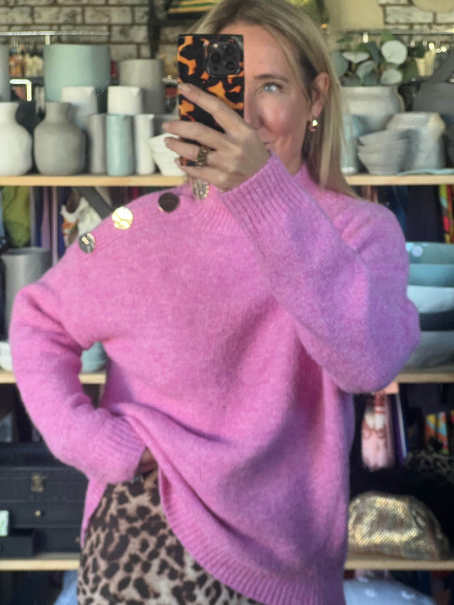 Gold Button Neck Jumper - pink
