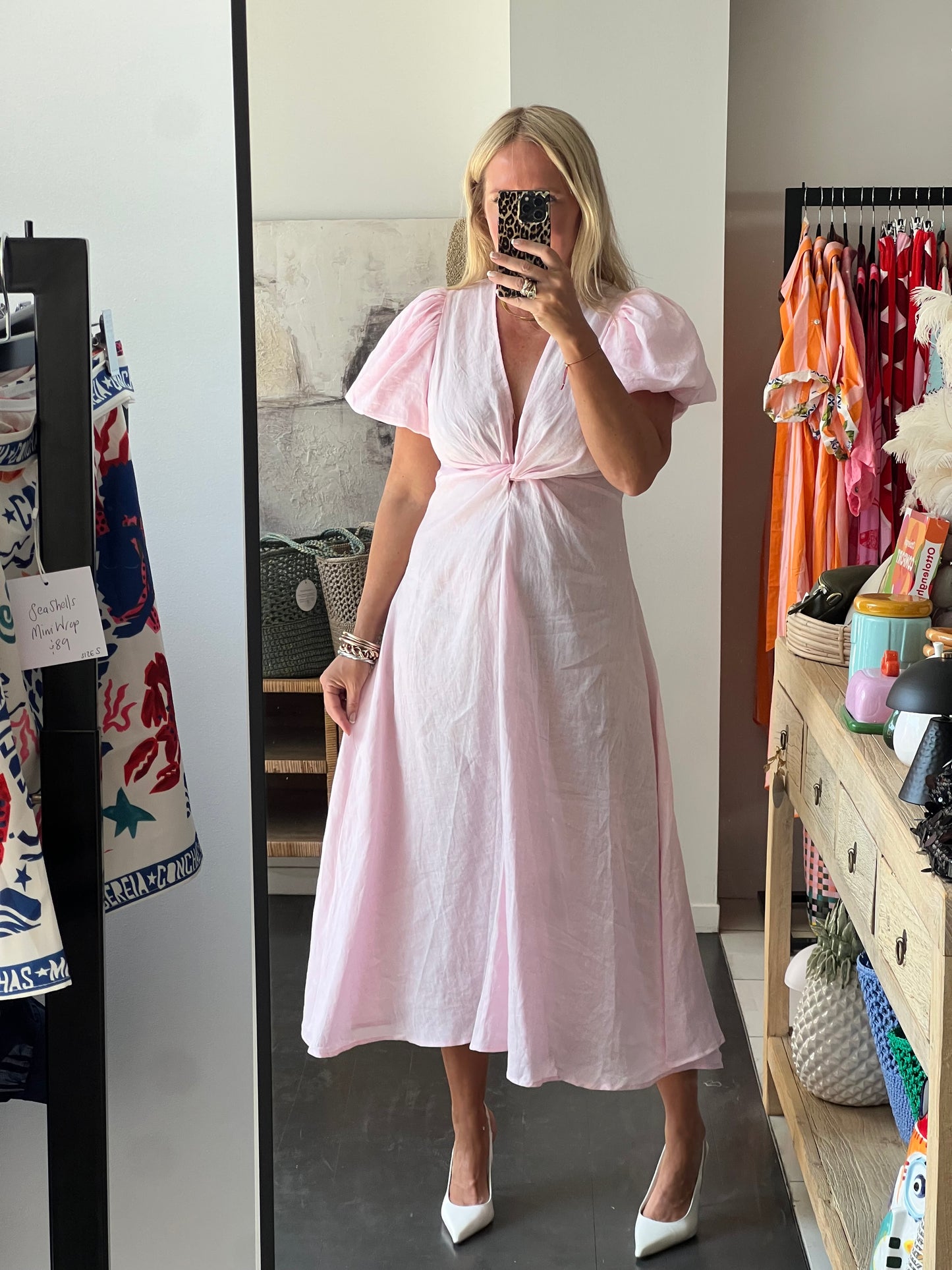 Puff Sleeve Midi Dress -pink
