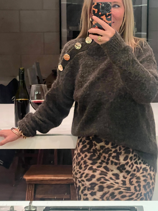 Gold Button Neck Jumper - chocolate brown
