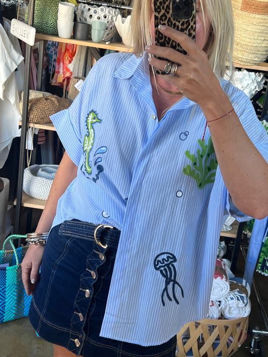 Embroidered Seahorse Shirt Top