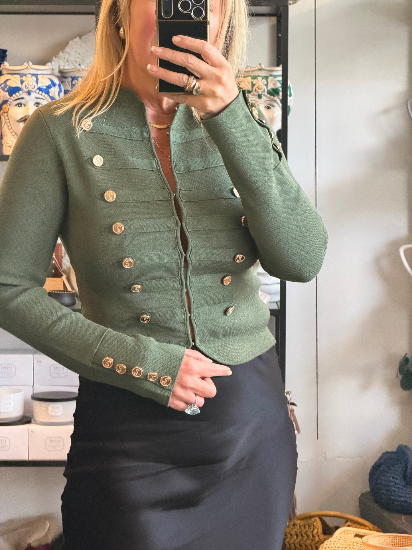 Crepe Knit Military Jacket-  khaki