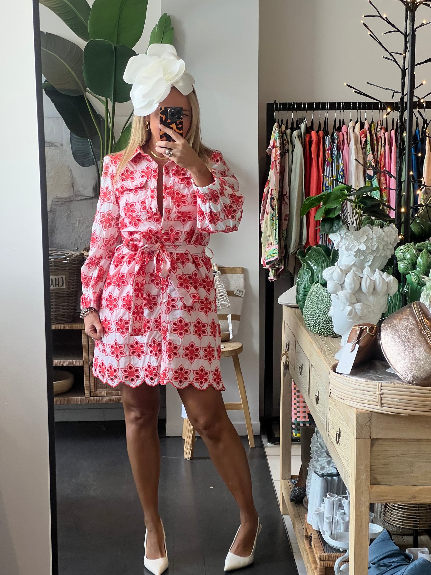 Broderie Anglaise Shirt Dress- red