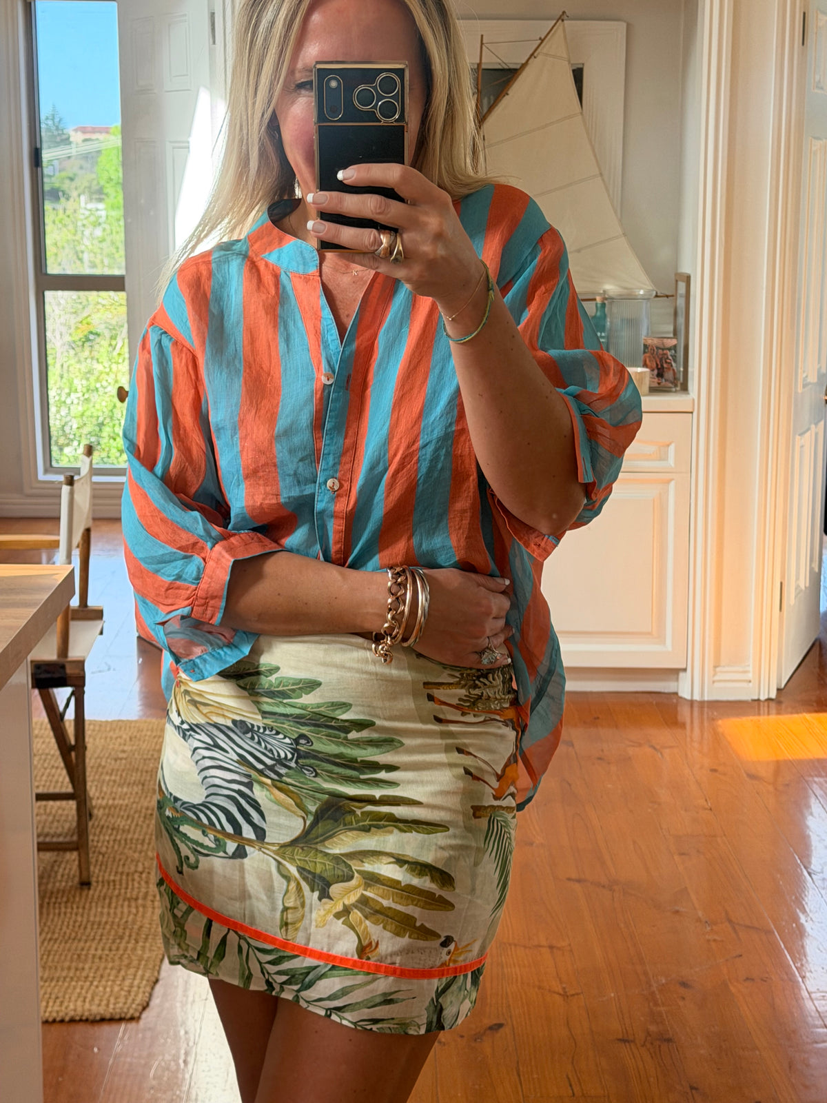 St Tropez Stripe Linen Shirt - orange & aqua