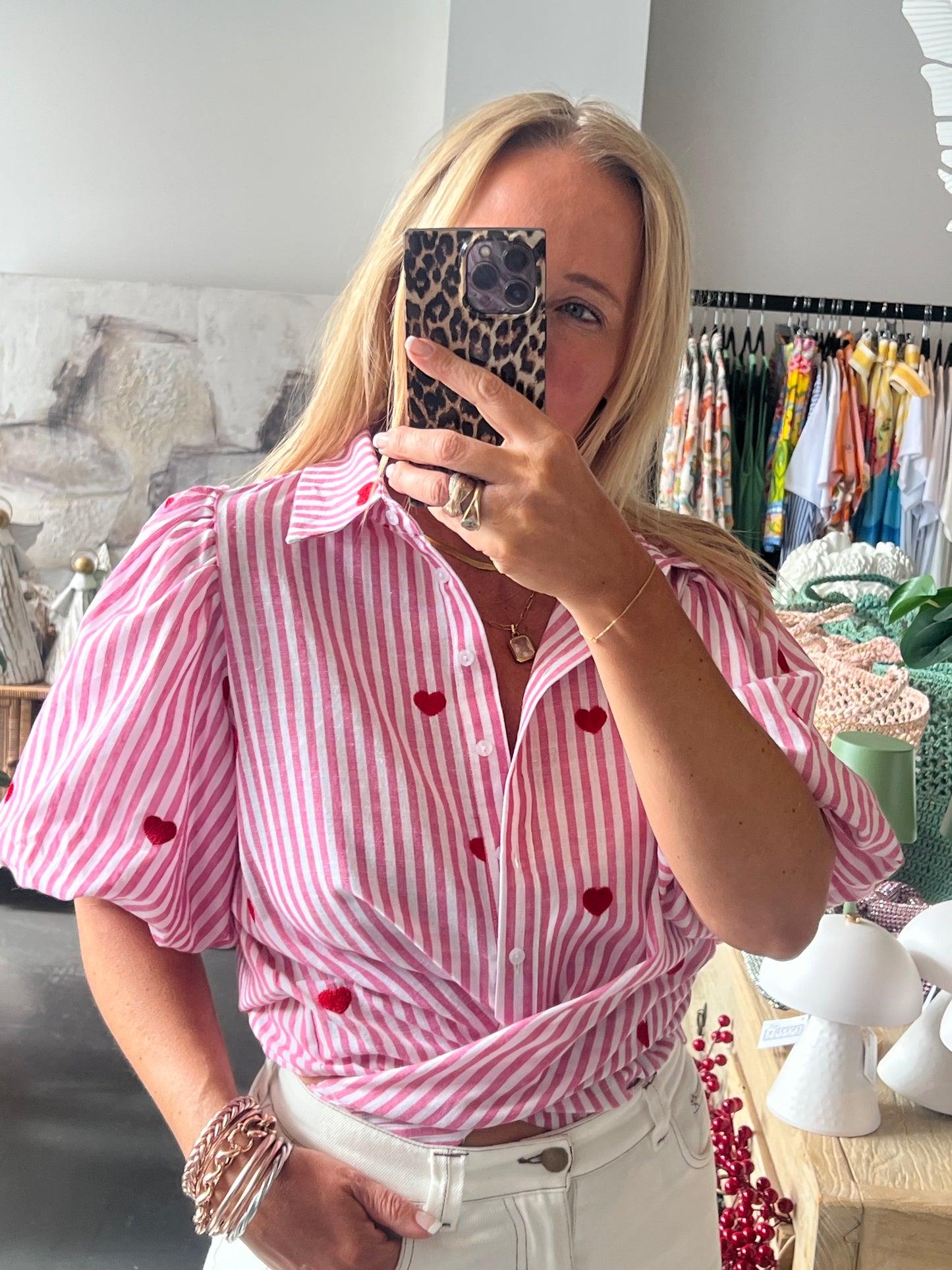 Hearts Puff Sleeve Cotton Shirt Top- pink