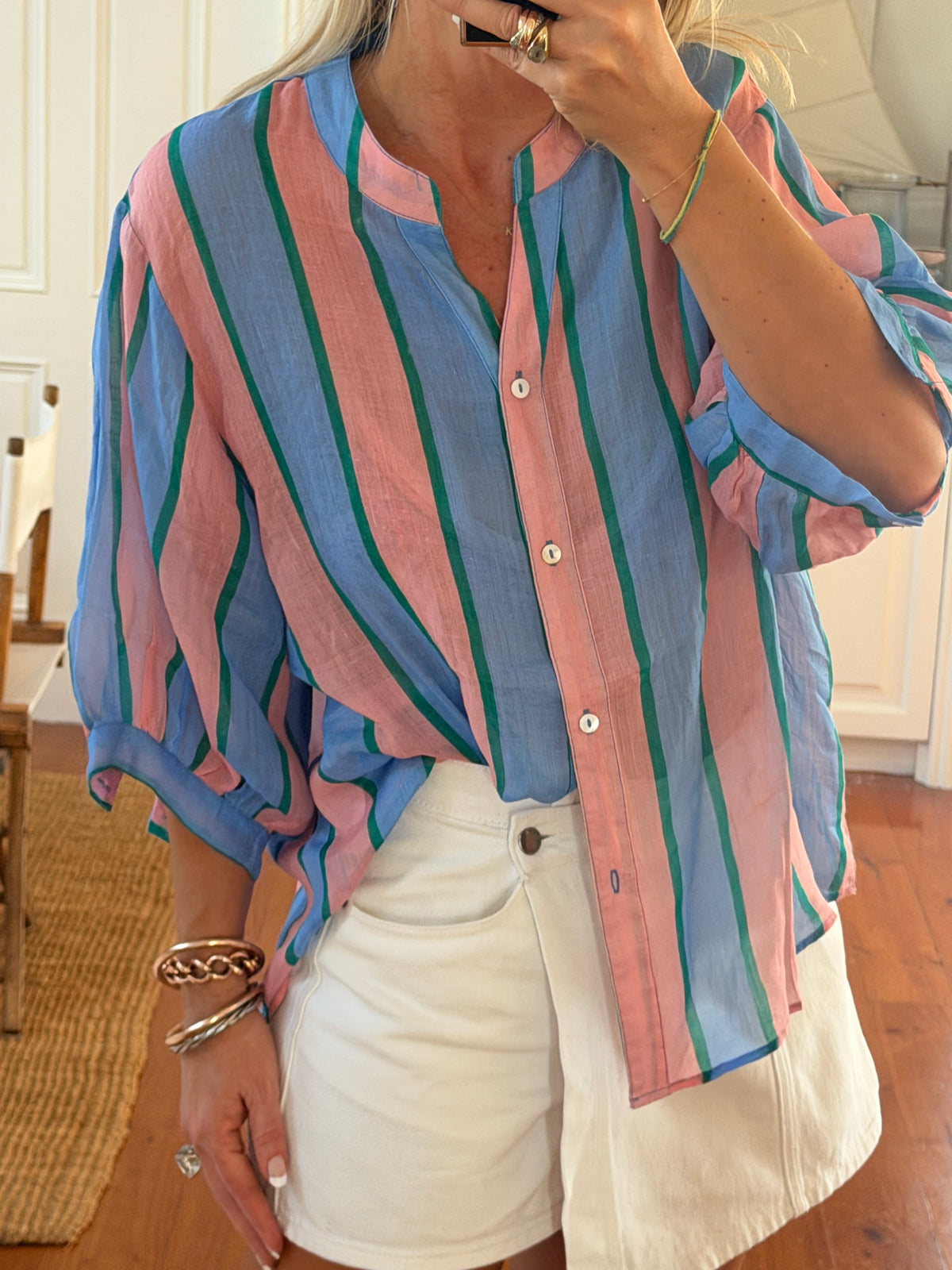 St Tropez Stripe Linen Shirt - blue & pink