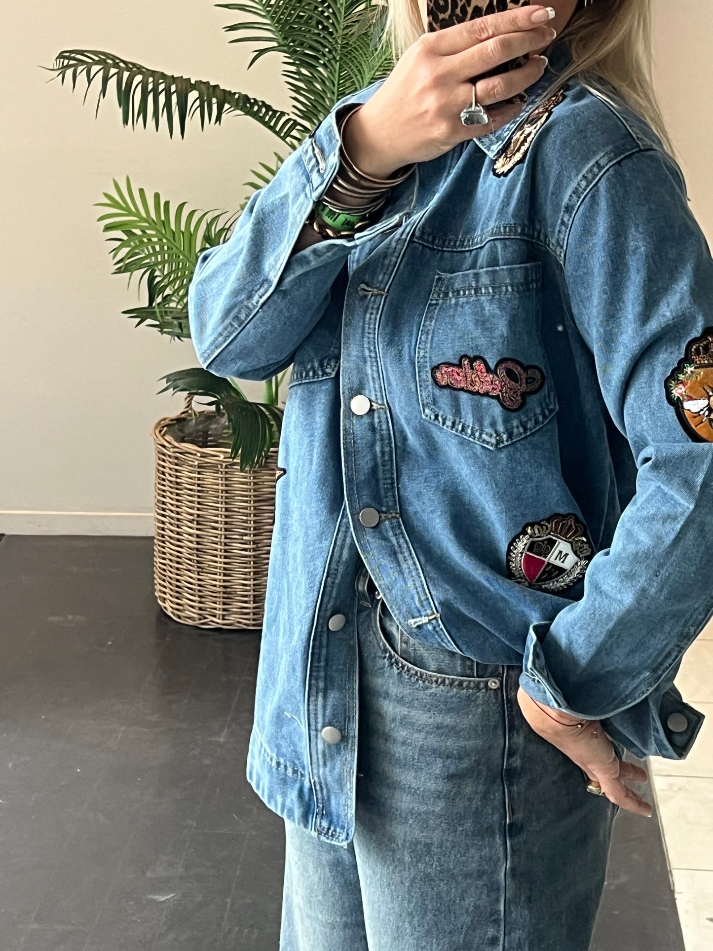 Denim French Bee Appliqué Patch Shirt Jacket