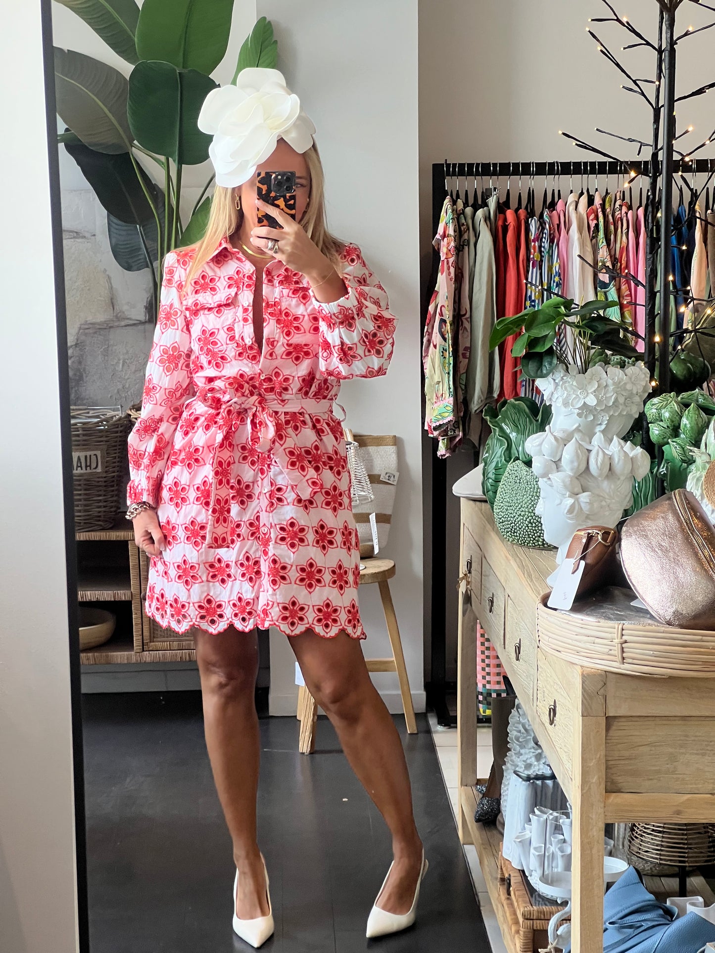 Broderie Anglaise Shirt Dress- red