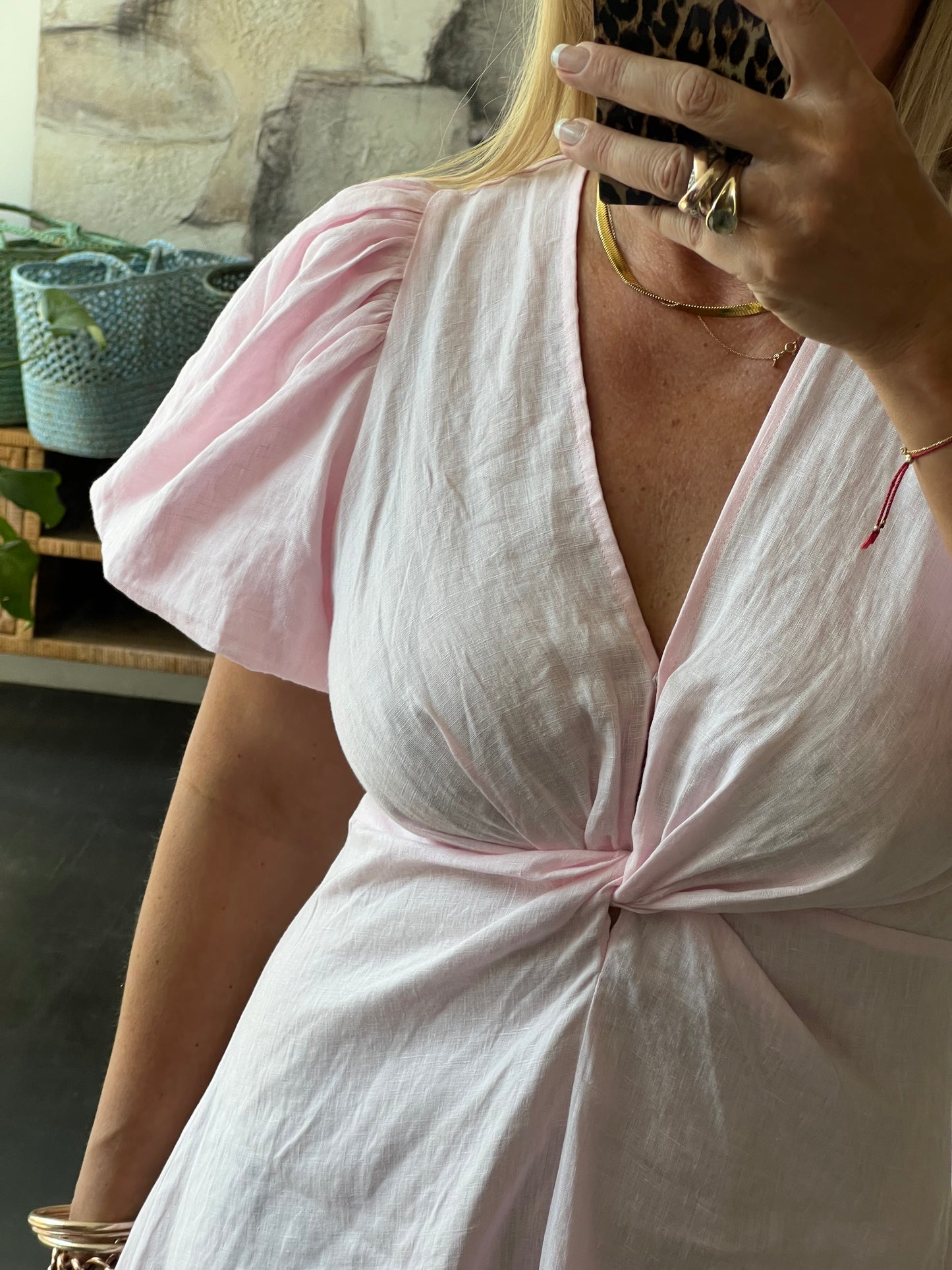 Puff Sleeve Midi Dress -pink