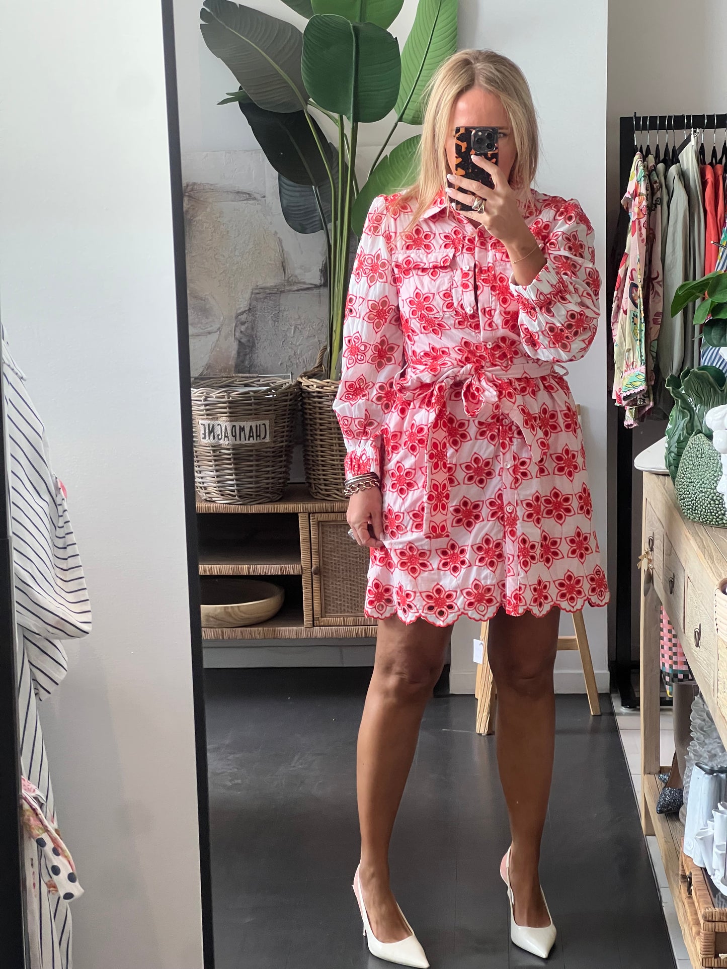 Broderie Anglaise Shirt Dress- red