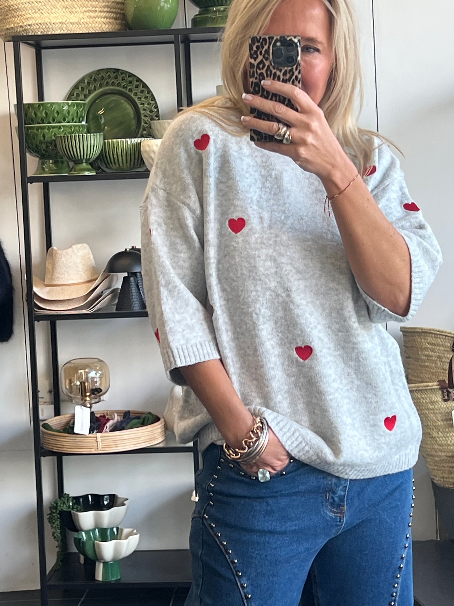 Heart Knit 3/4 Sleeve Top - grey