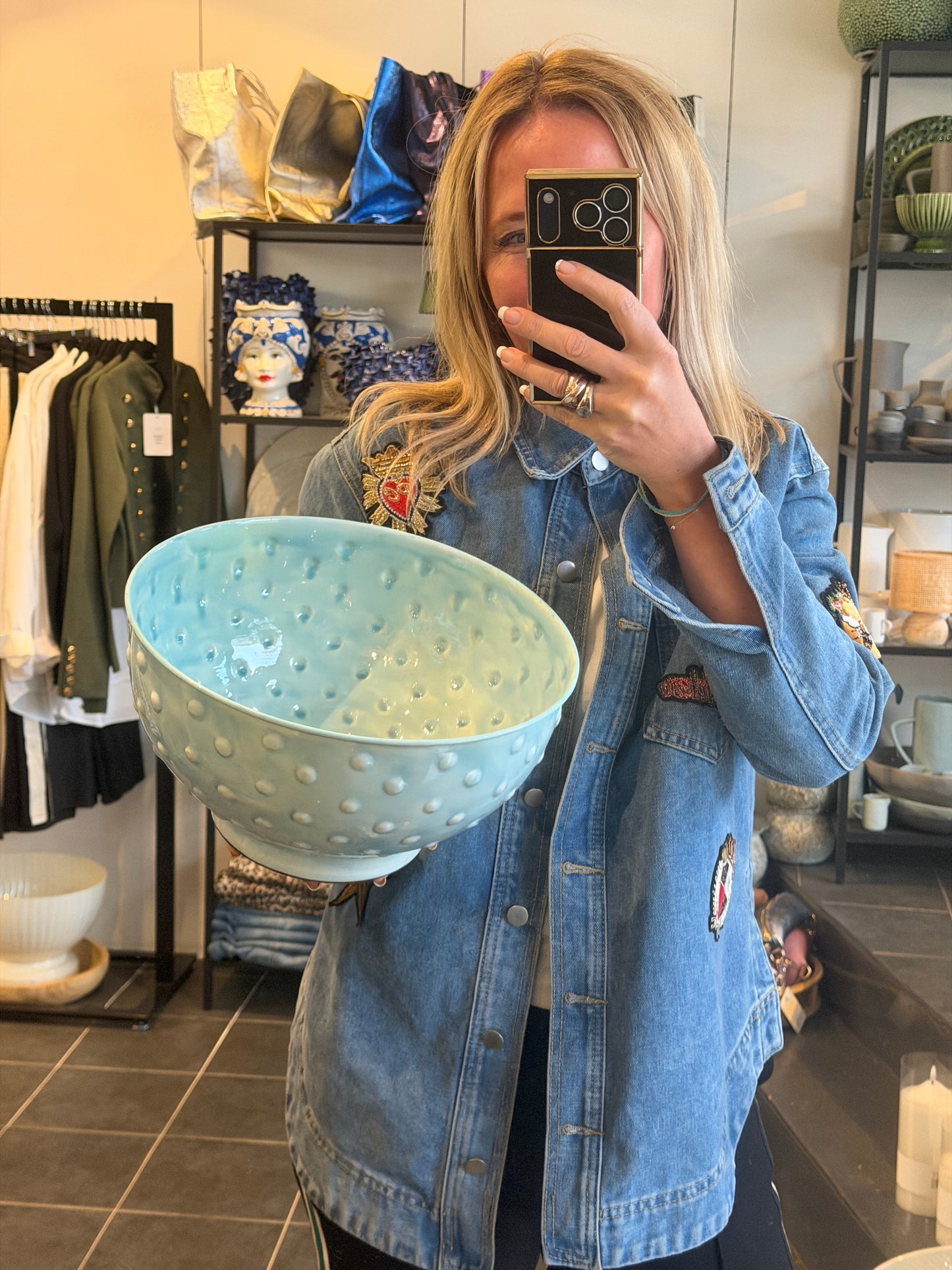 Footed Glazed Tin Bowl- blue