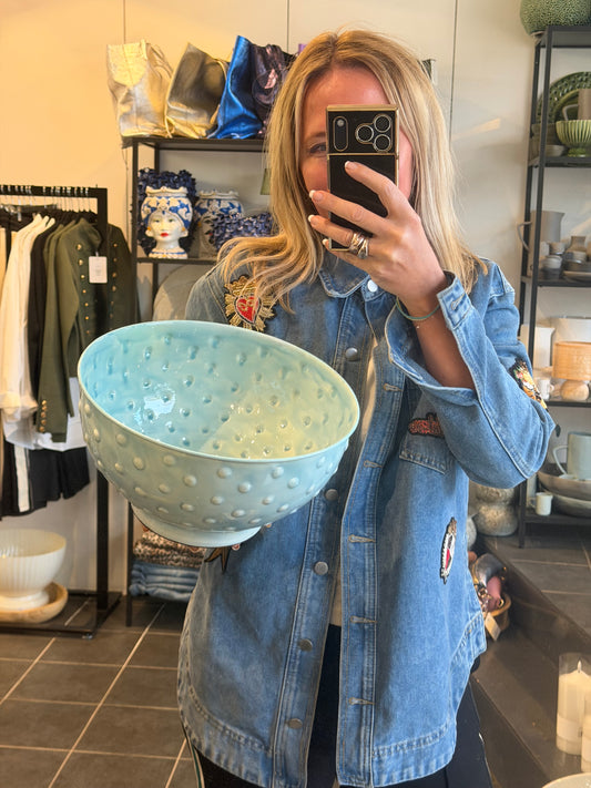 Footed Glazed Tin Bowl- blue