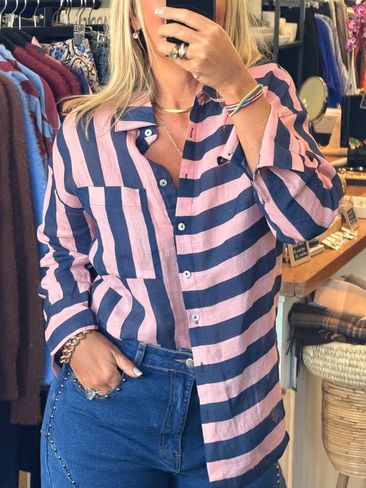 Riviera Stripe LInen Shirt - navy & pink
