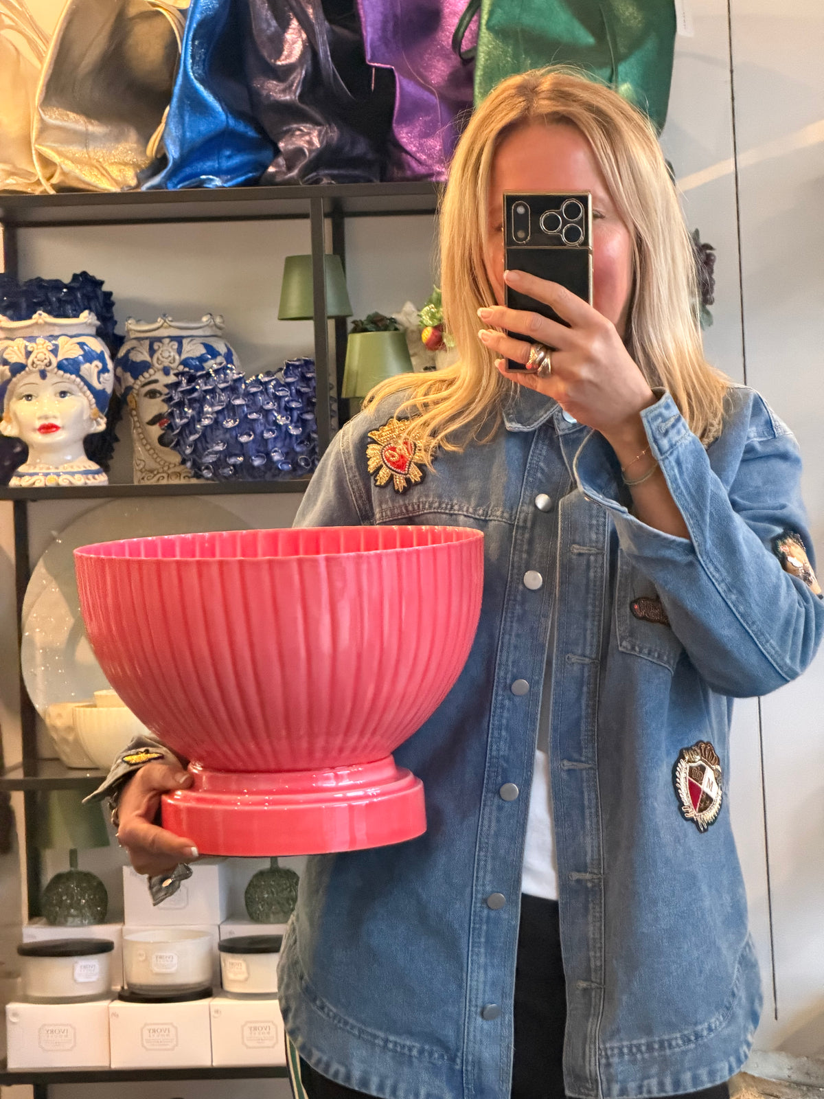 XL Footed Glazed Tin Ice Bucket- pink
