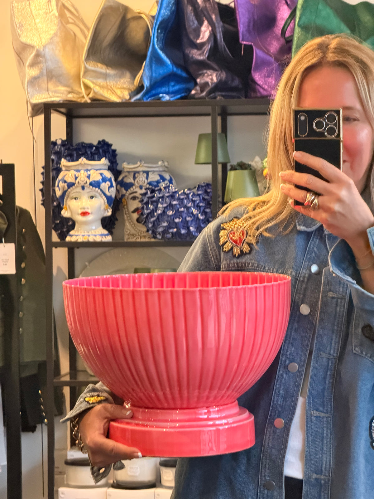 XL Footed Glazed Tin Ice Bucket- pink