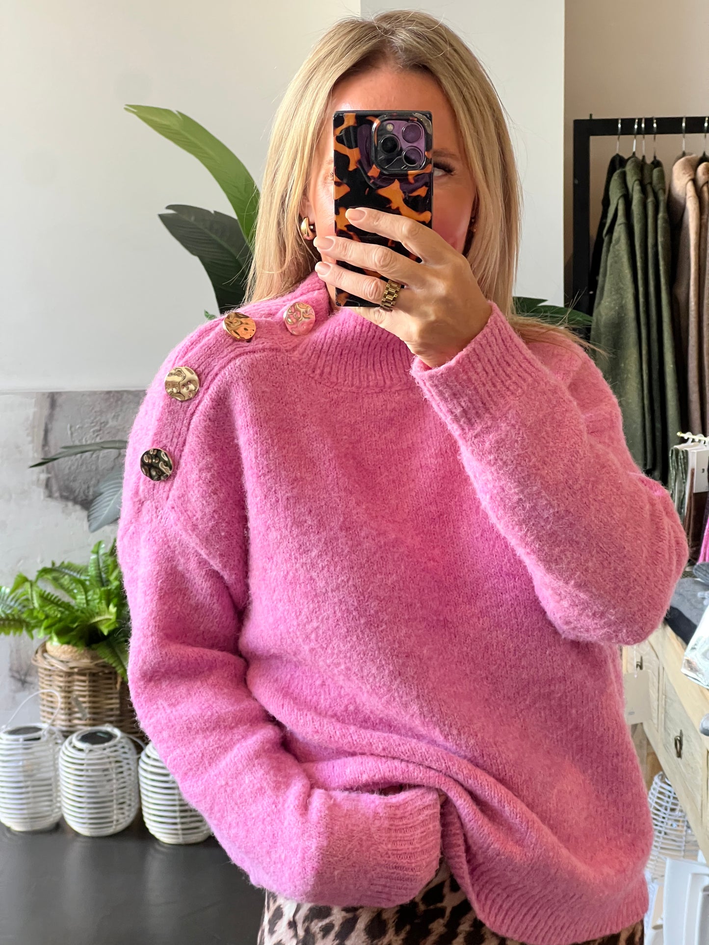 Gold Button Neck Jumper - pink