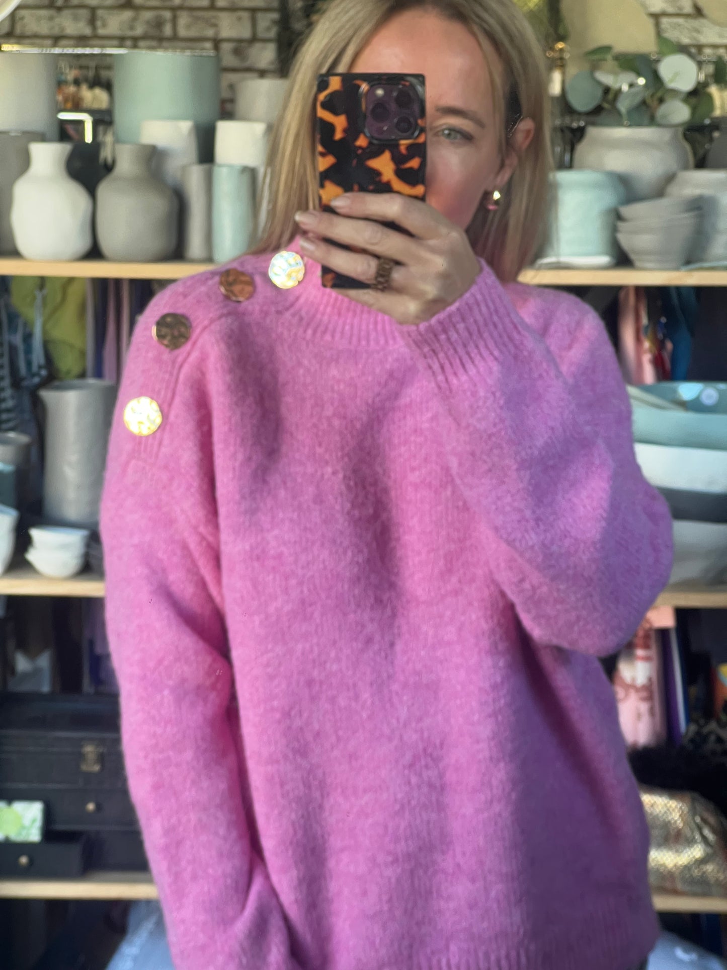 Gold Button Neck Jumper - pink