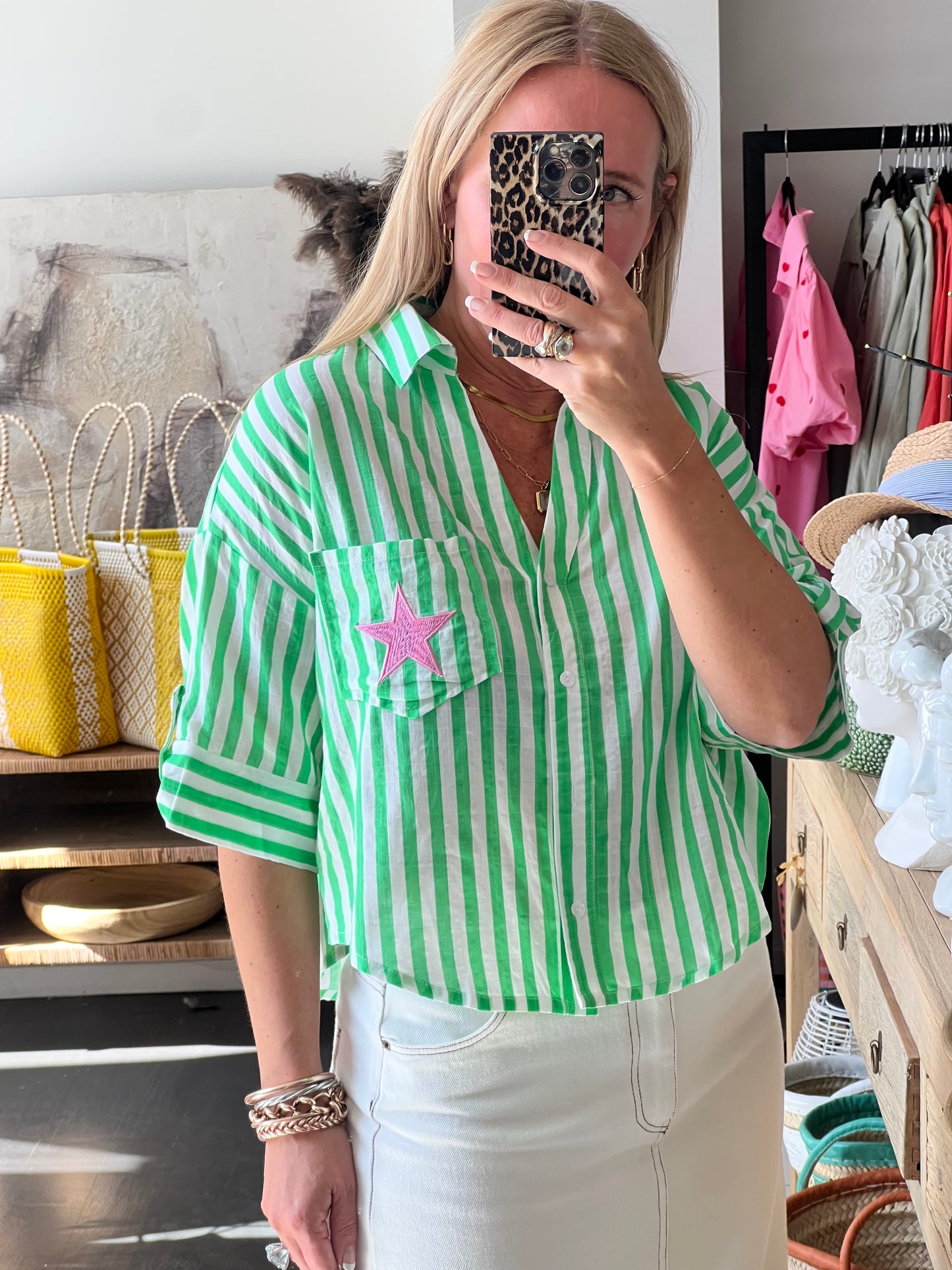 Crop Cotton Shirt Top- green