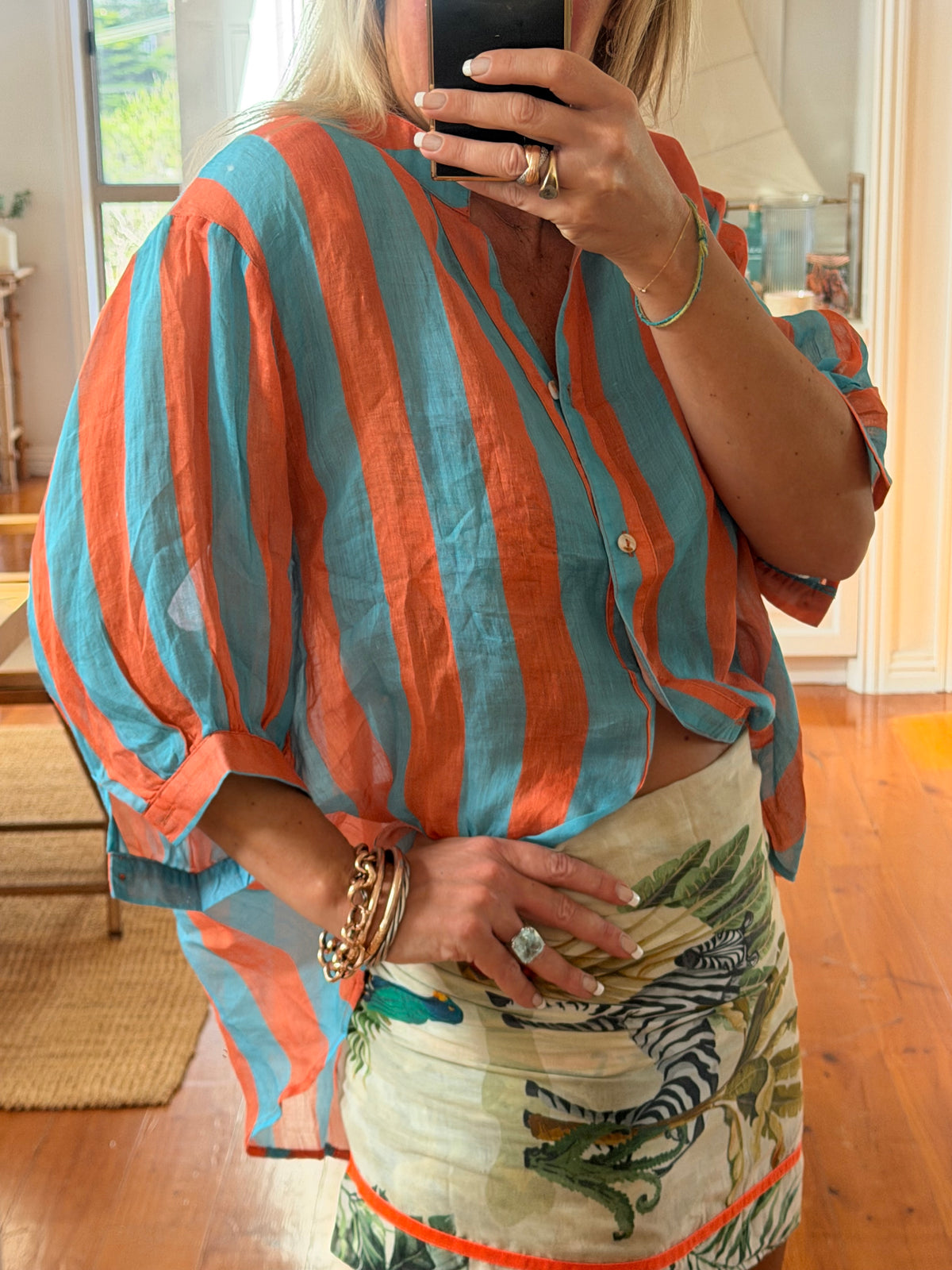 St Tropez Stripe Linen Shirt - orange & aqua