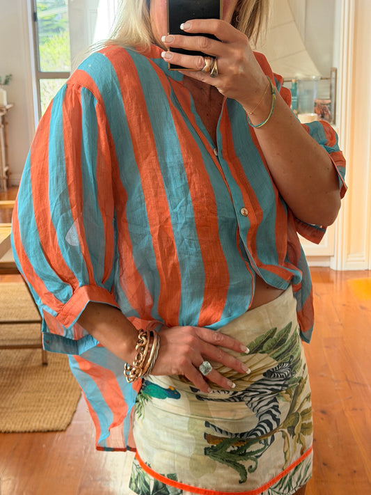 St Tropez Stripe Linen Shirt - orange & aqua