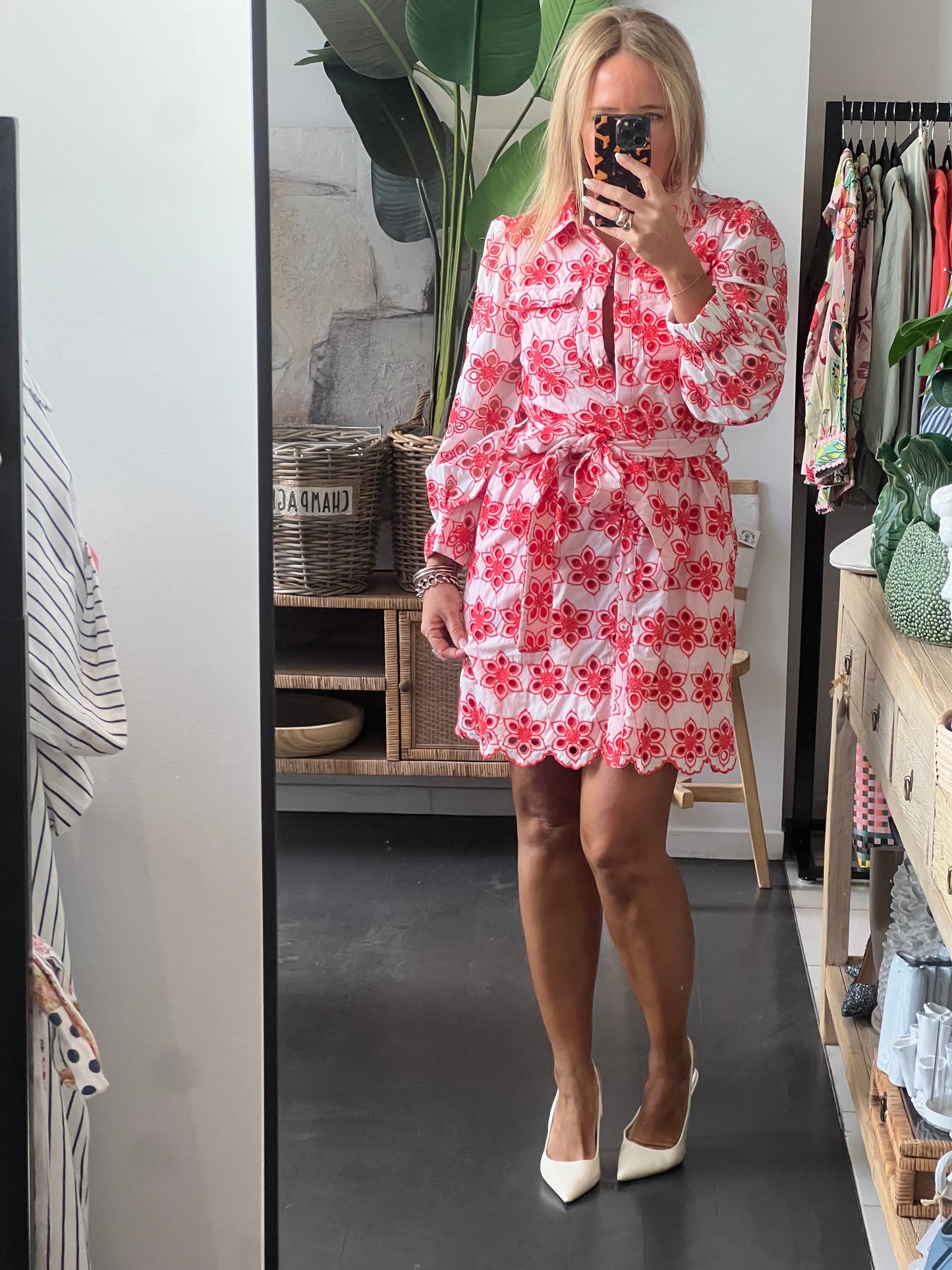 Broderie Anglaise Shirt Dress- red