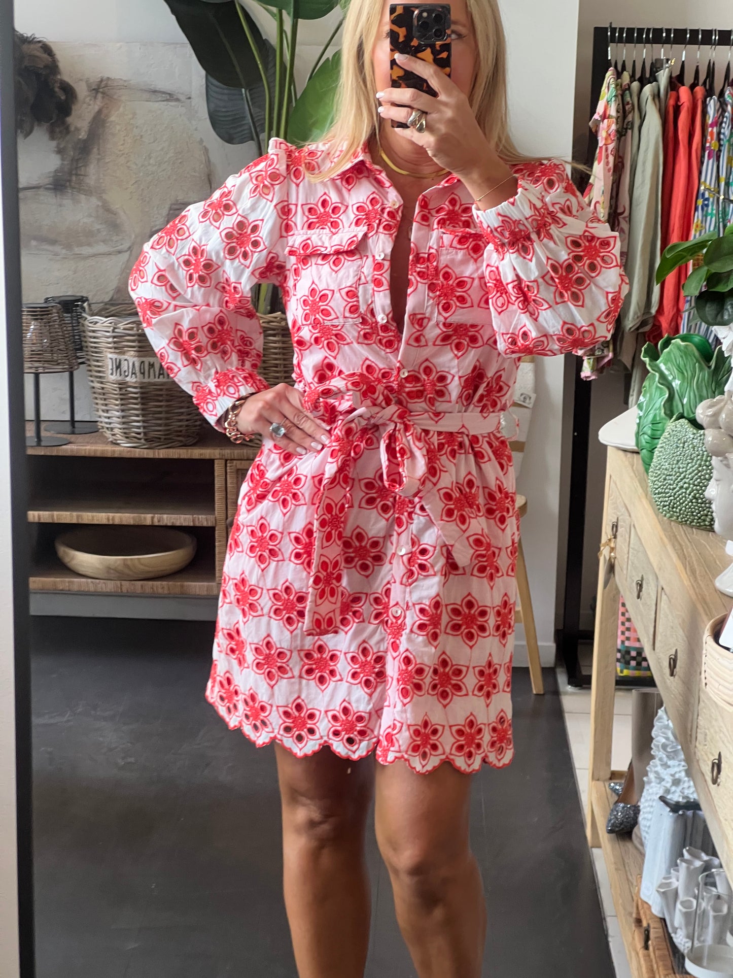 Broderie Anglaise Shirt Dress- red