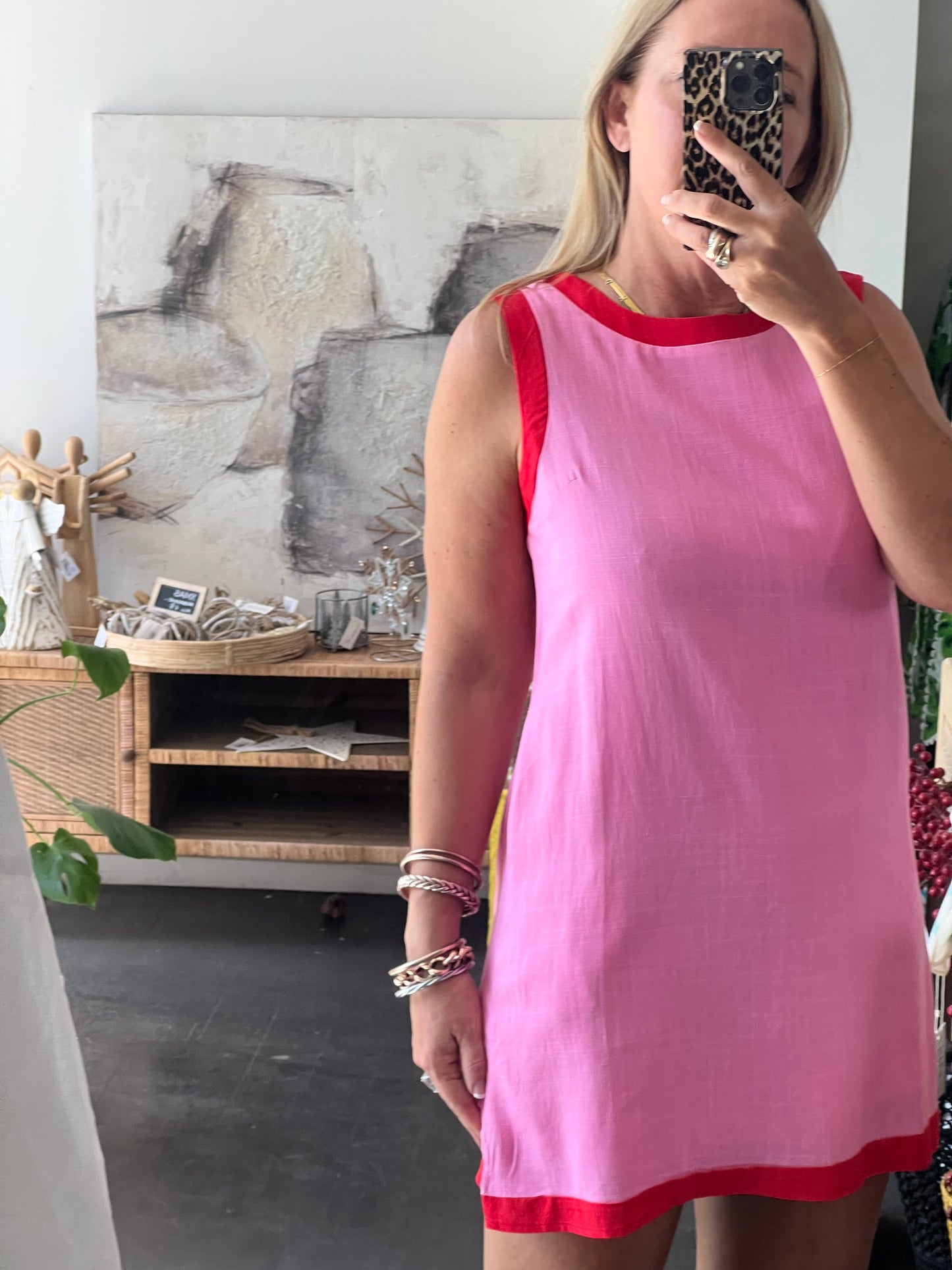 Sleeveless Shift Linen Dress - pink