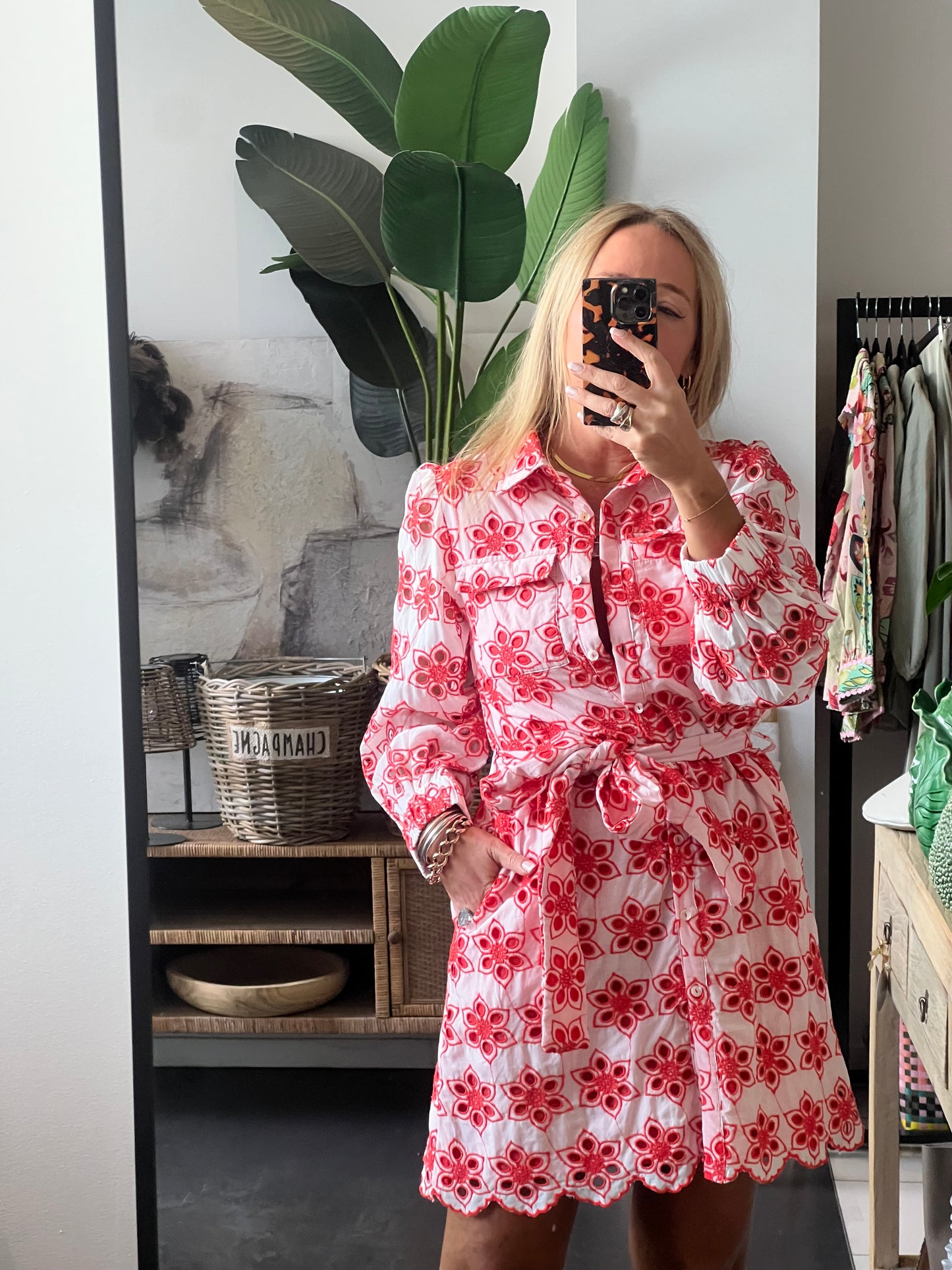 Broderie Anglaise Shirt Dress- red