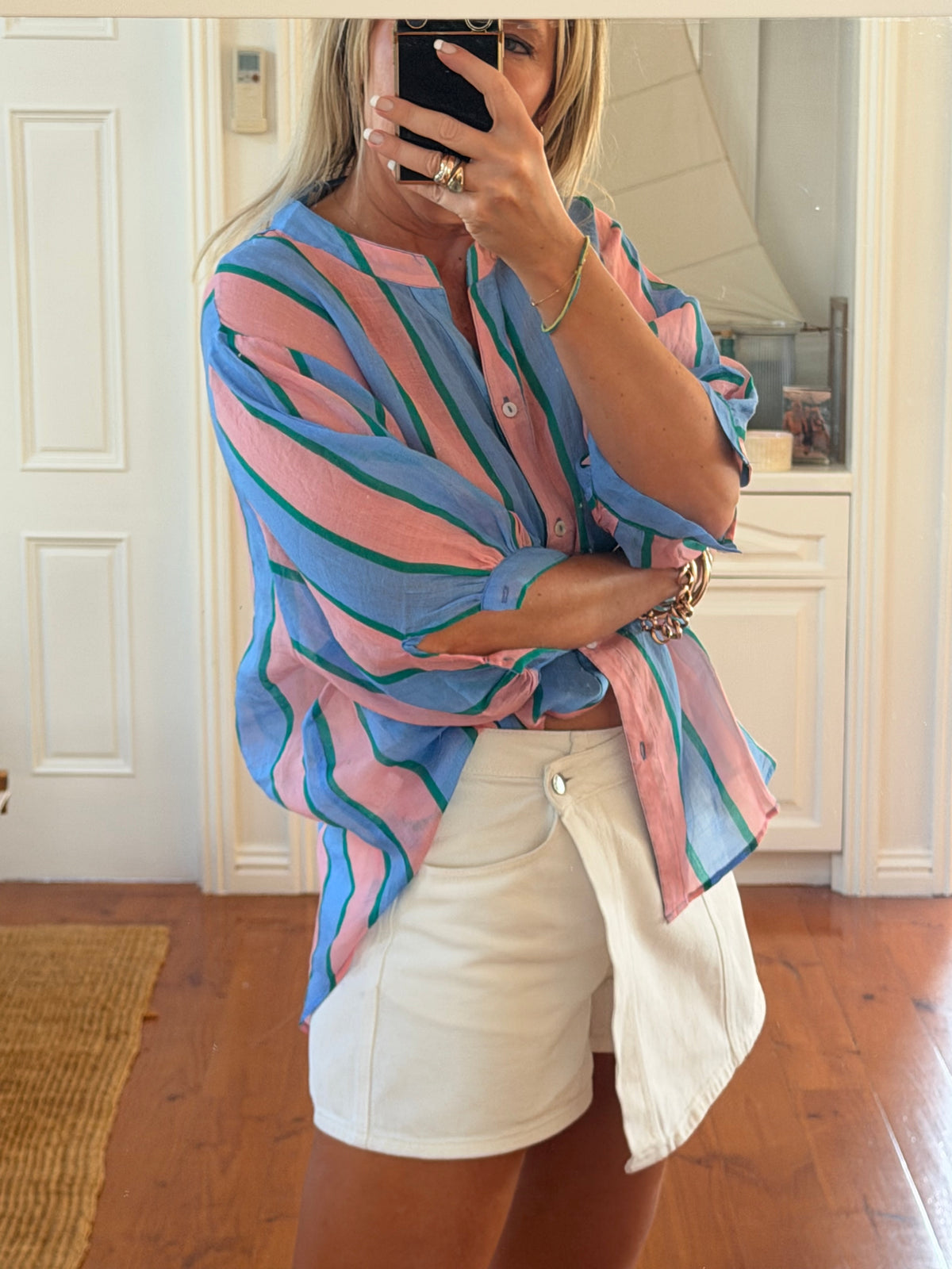 St Tropez Stripe Linen Shirt - blue & pink
