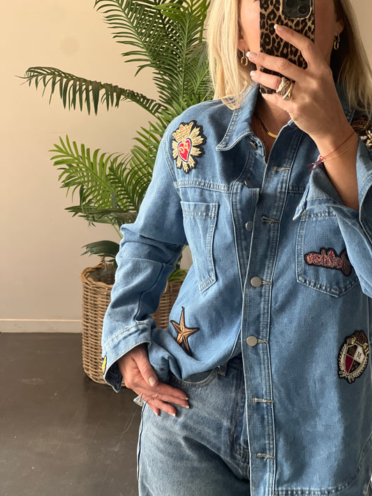 Denim French Bee Appliqué Patch Shirt Jacket