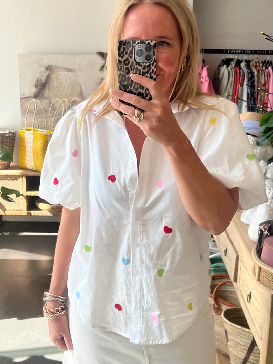 Hearts Puff Sleeve Cotton Shirt Top- white