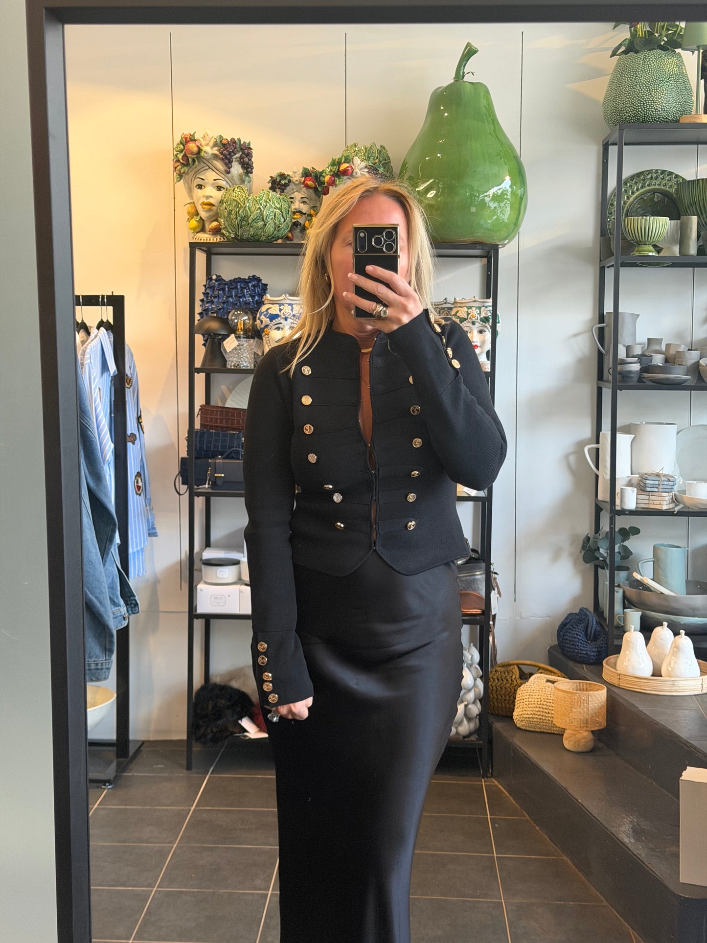 Crepe Knit Military Jacket-  black