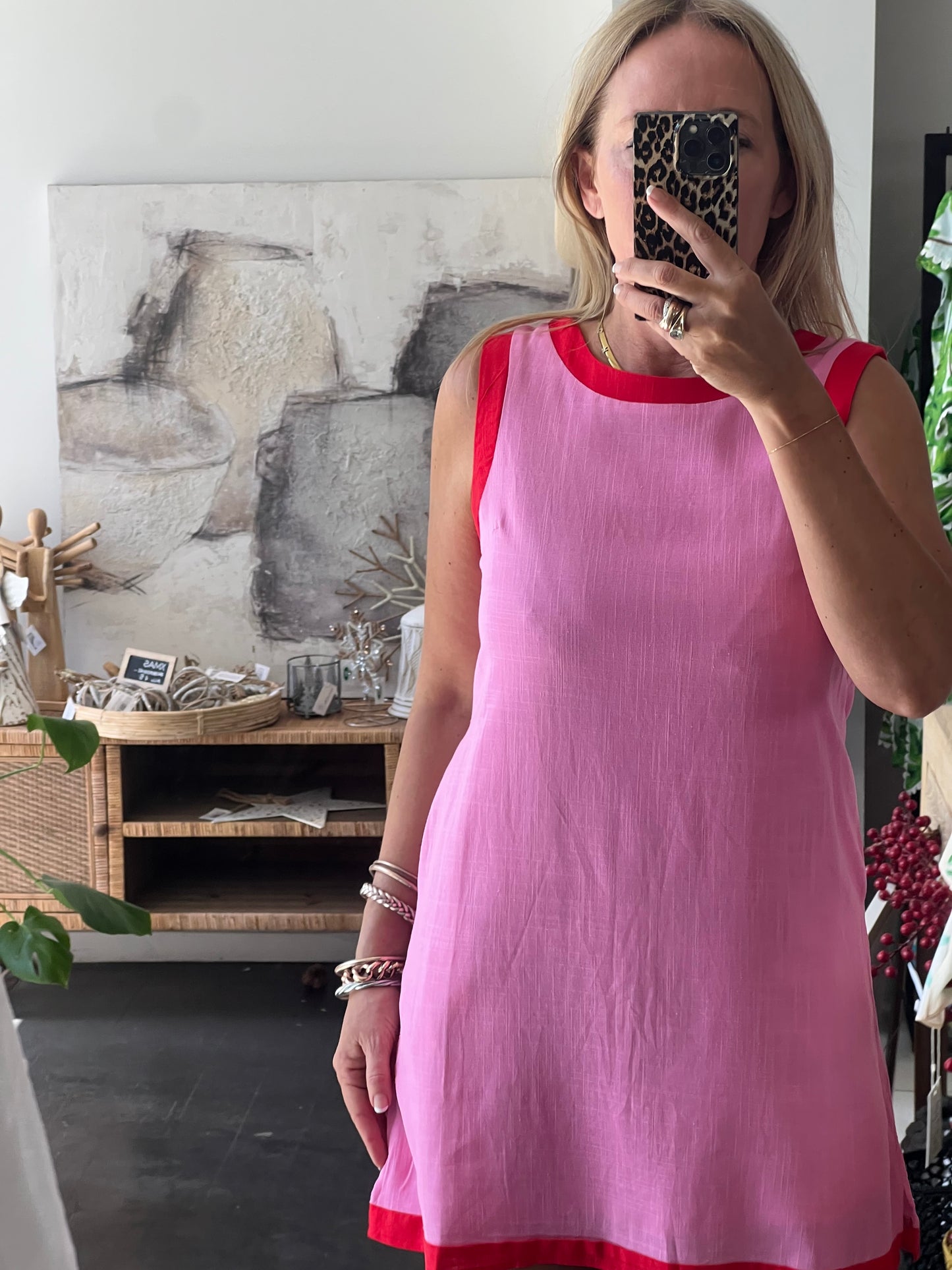 Sleeveless Shift Linen Dress - pink