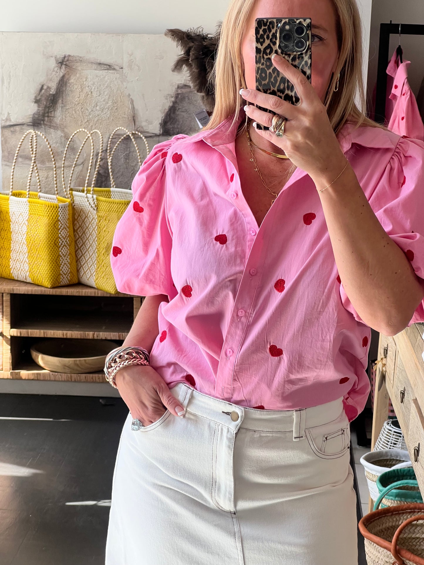 Hearts Puff Sleeve Cotton Shirt Top