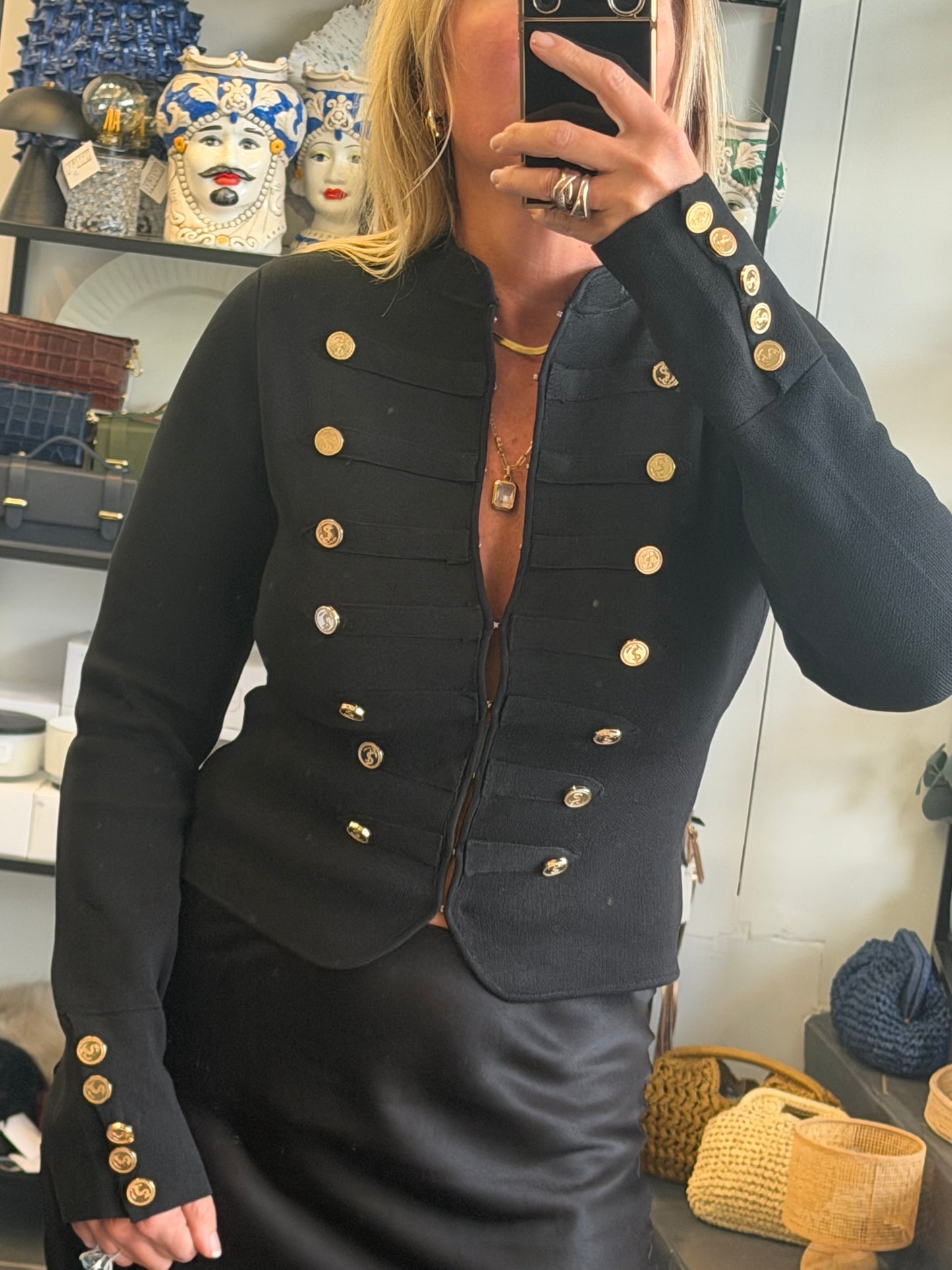 Crepe Knit Military Jacket-  black