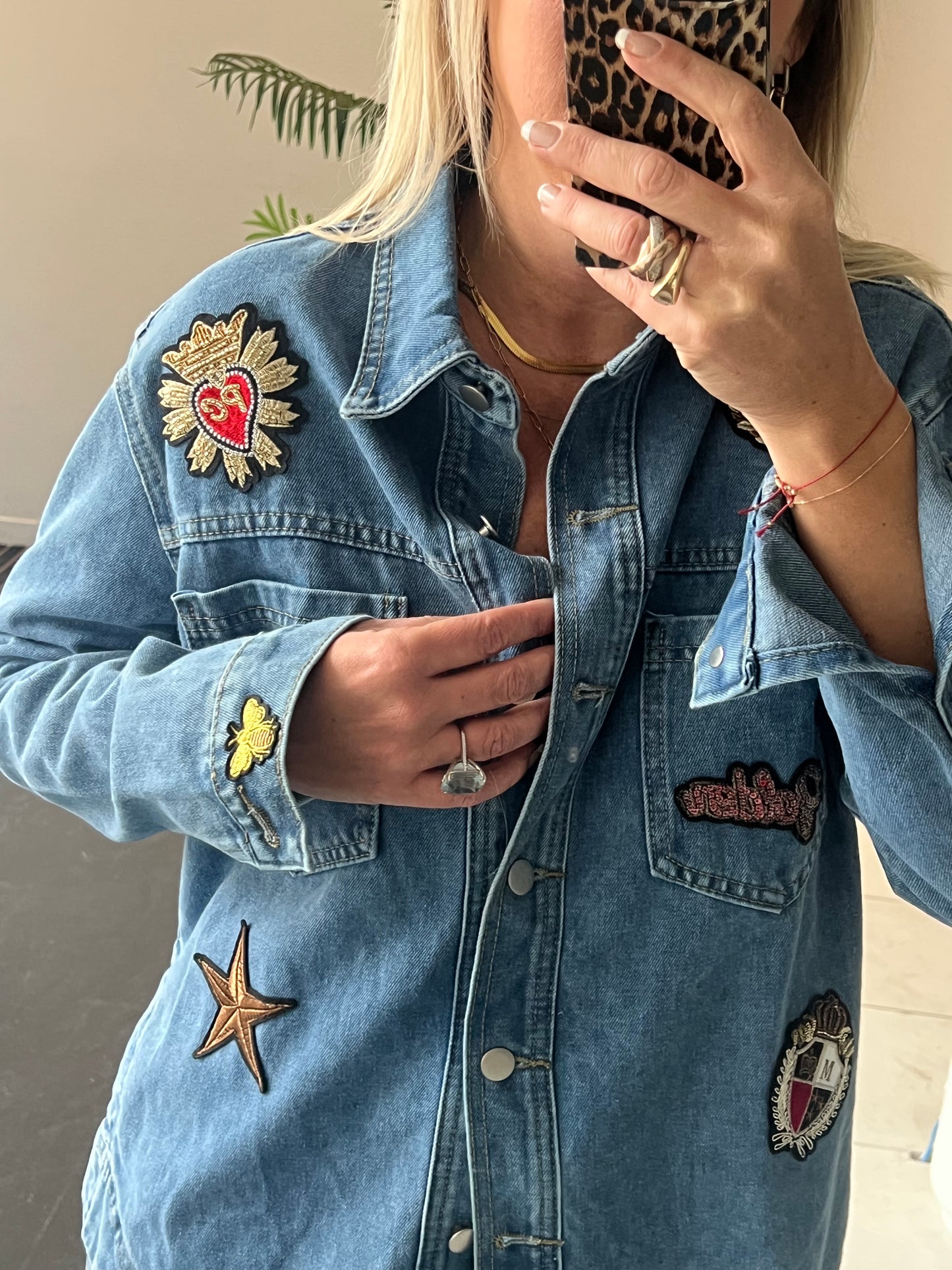 Denim French Bee Appliqué Patch Shirt Jacket