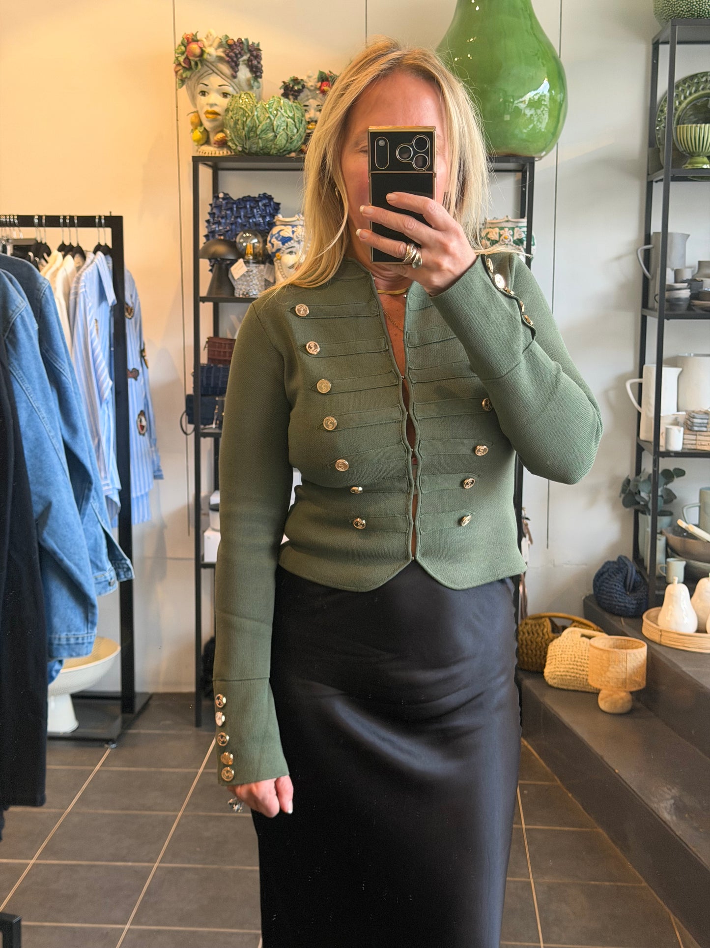 Crepe Knit Military Jacket-  khaki