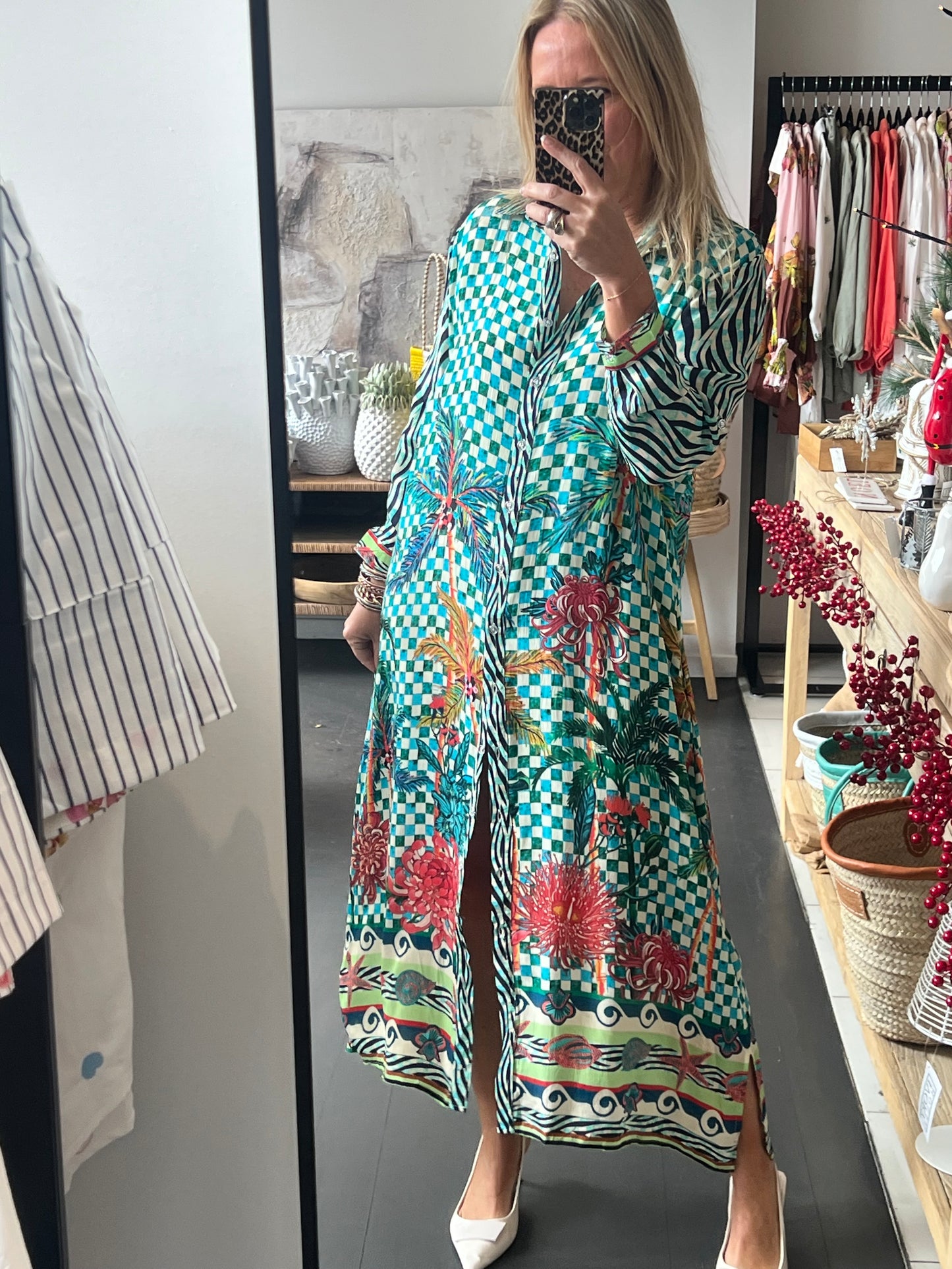 Slinky Floral Resort Shirt Dress -aqua